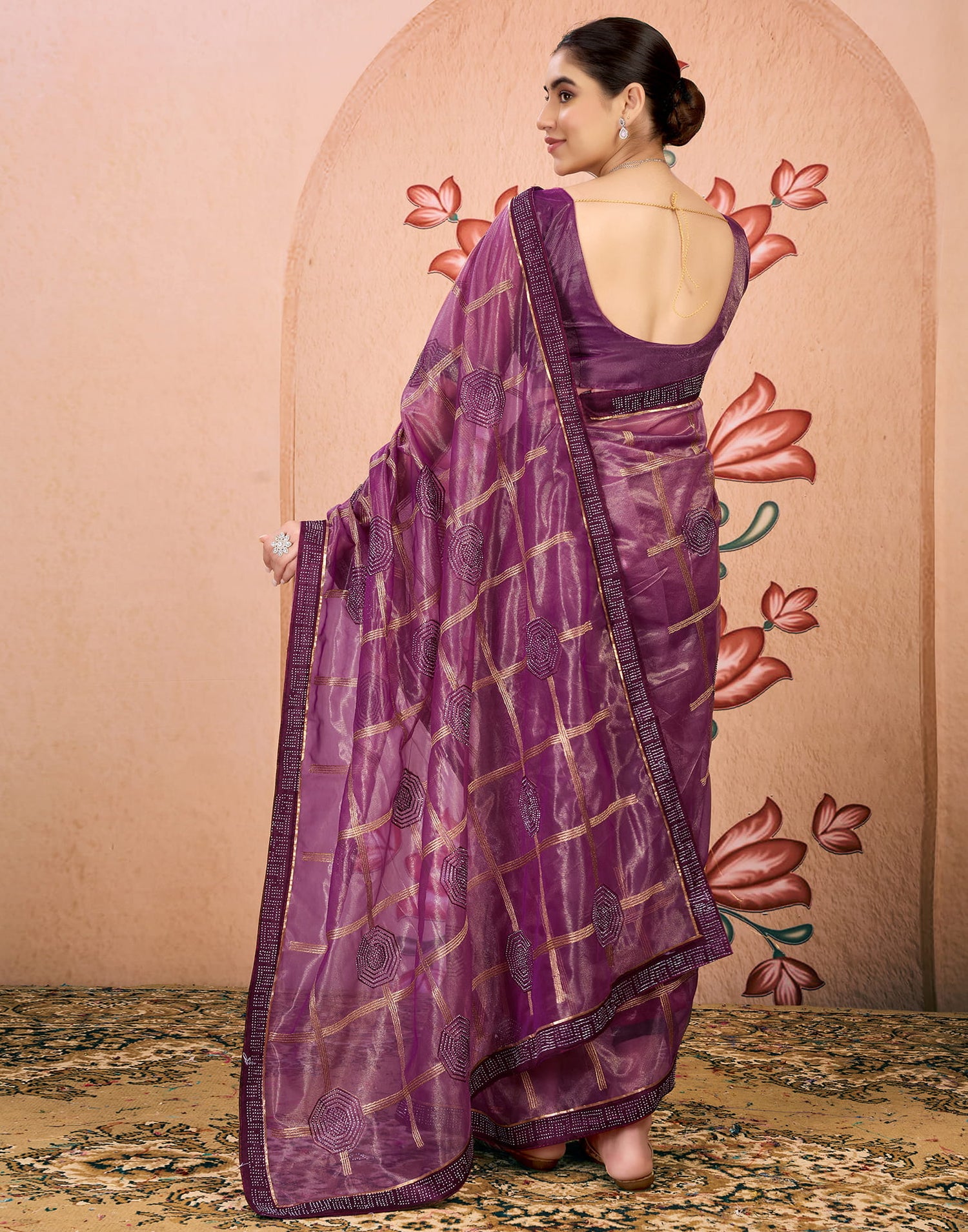 Purple Net Embroidery Embellished Saree