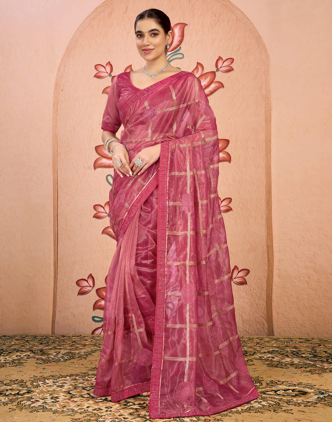 Pink Net Embroidery Embellished Saree