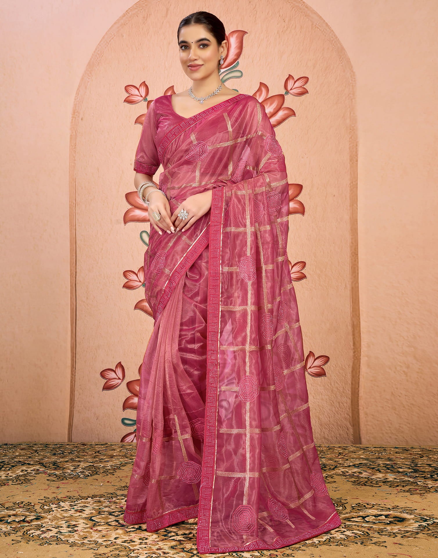 Pink Shimmer Embroidery Embellished Saree