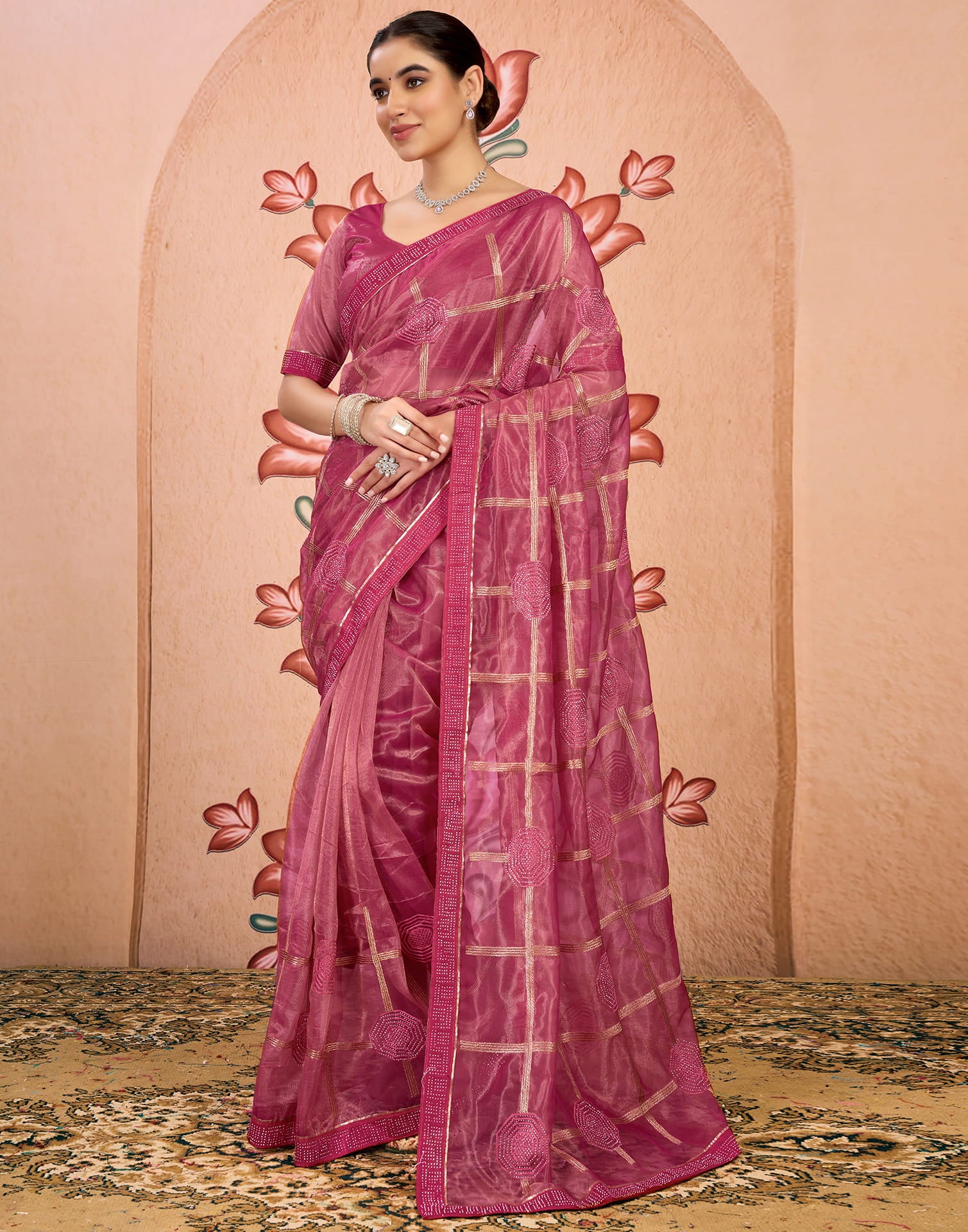 Pink Net Embroidery Embellished Saree