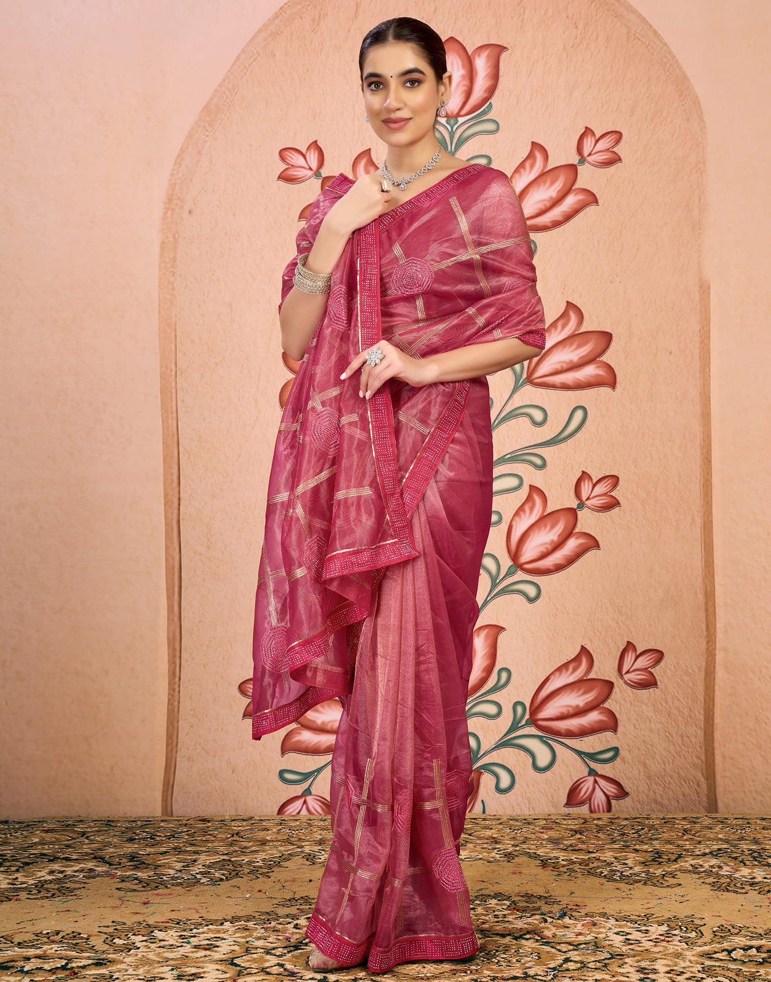 Pink Net Embroidery Embellished Saree