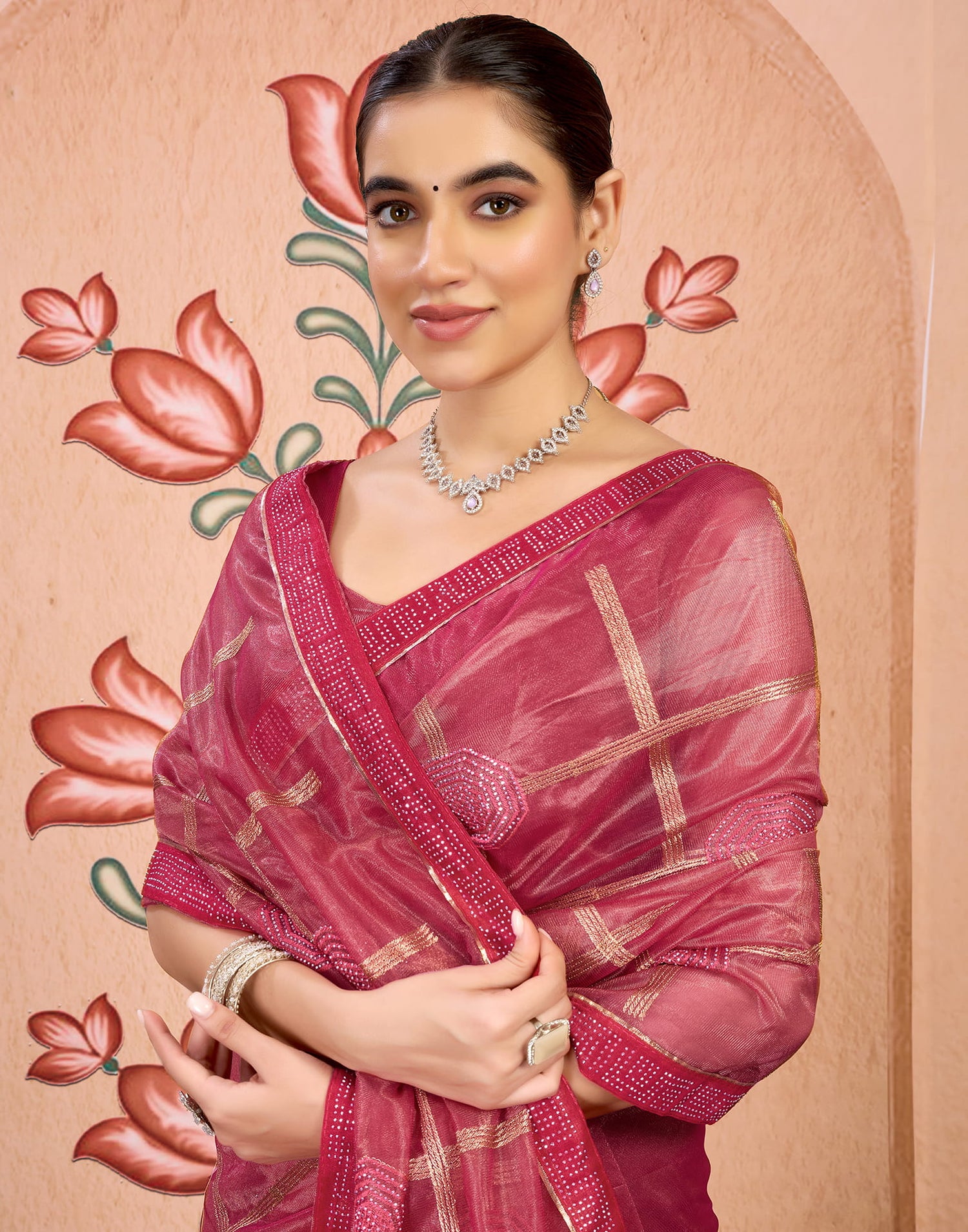 Pink Net Embroidery Embellished Saree