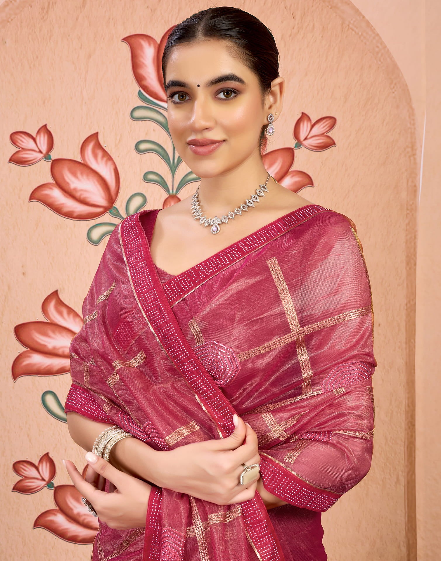 Pink Shimmer Embroidery Embellished Saree