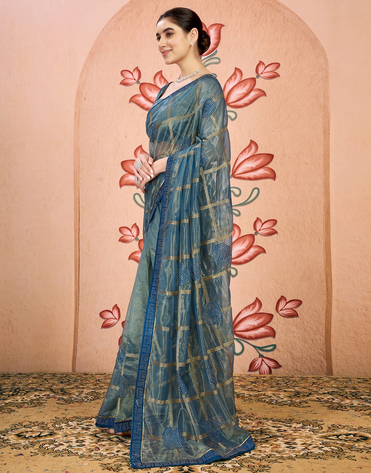 Rama Blue Net Embroidery Embellished Saree