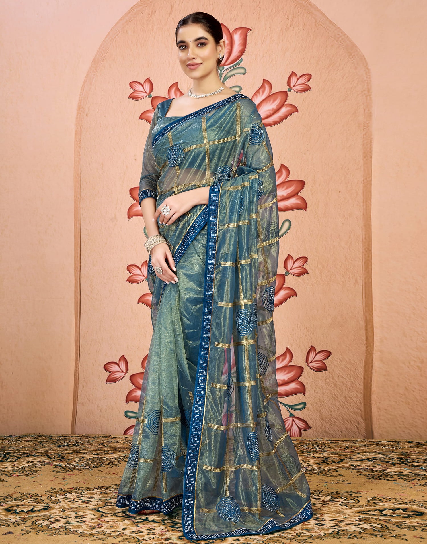 Blue Shimmer Embroidery Embellished Saree