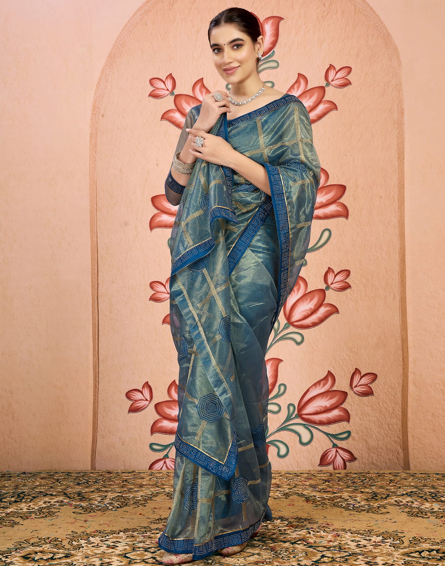 Blue Shimmer Embroidery Embellished Saree