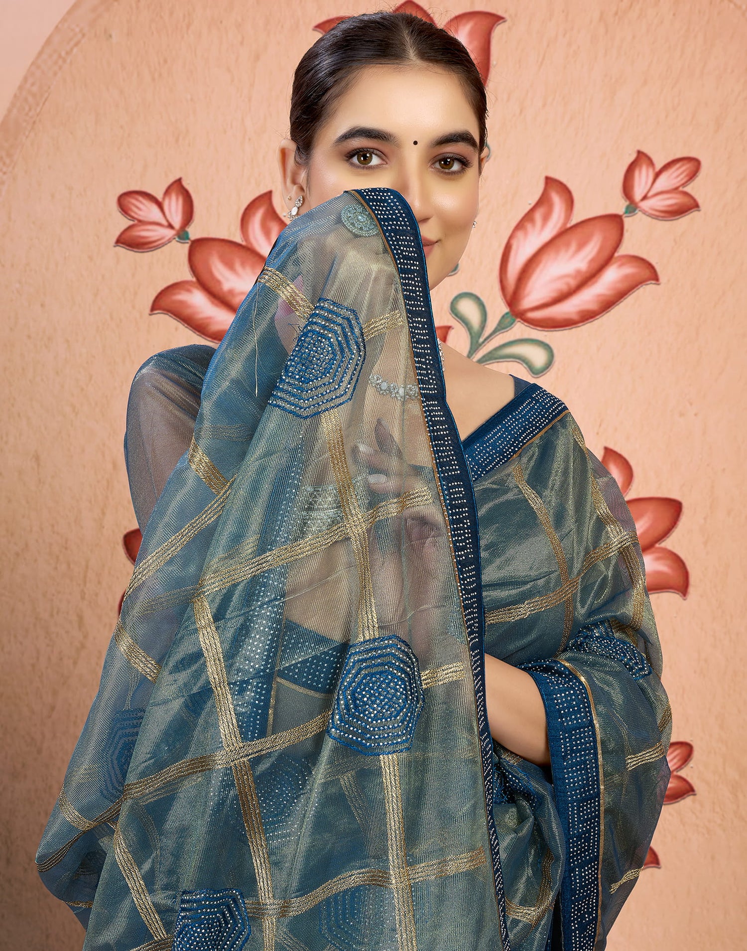 Rama Blue Net Embroidery Embellished Saree