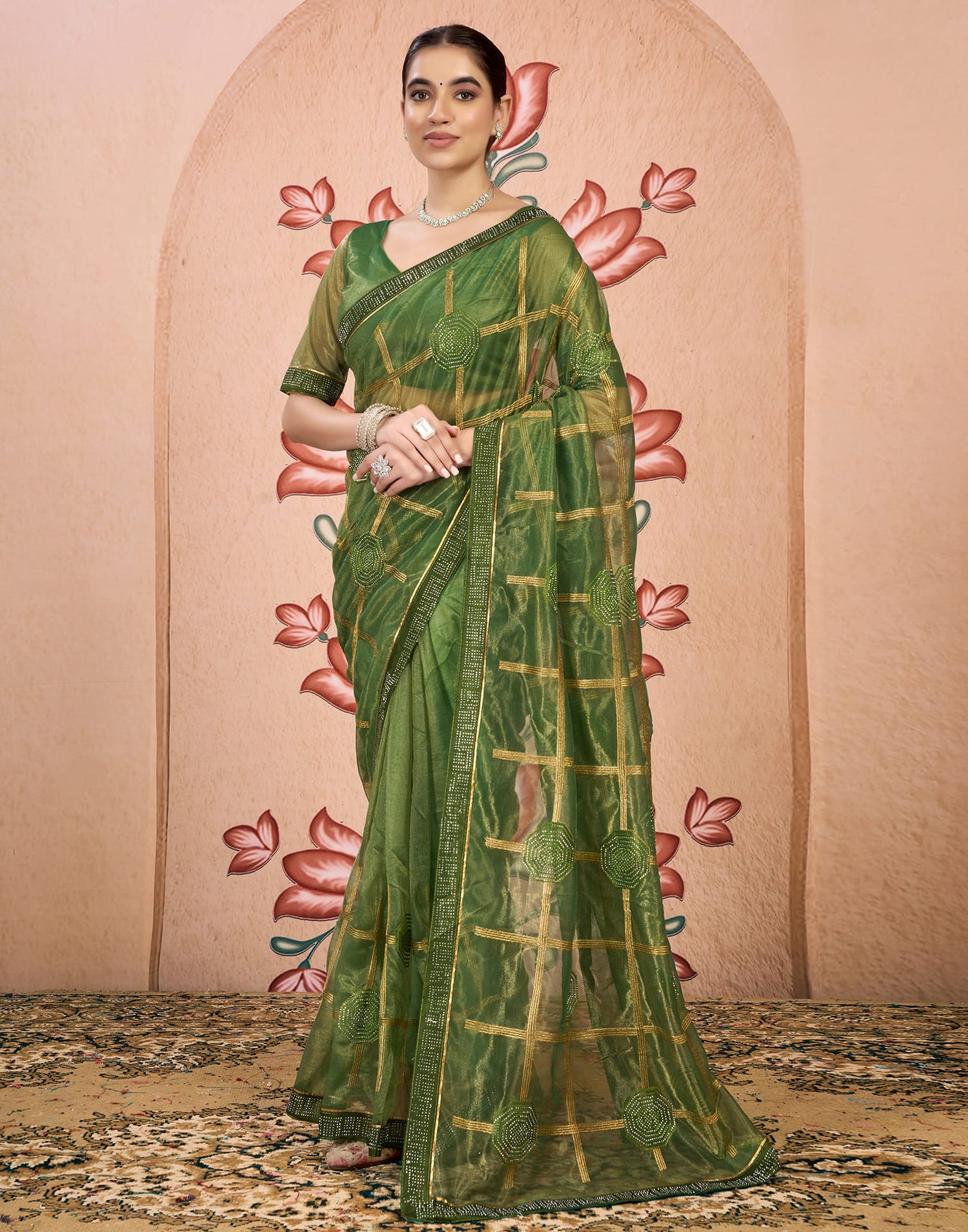 Green Shimmer Embroidery Embellished Saree