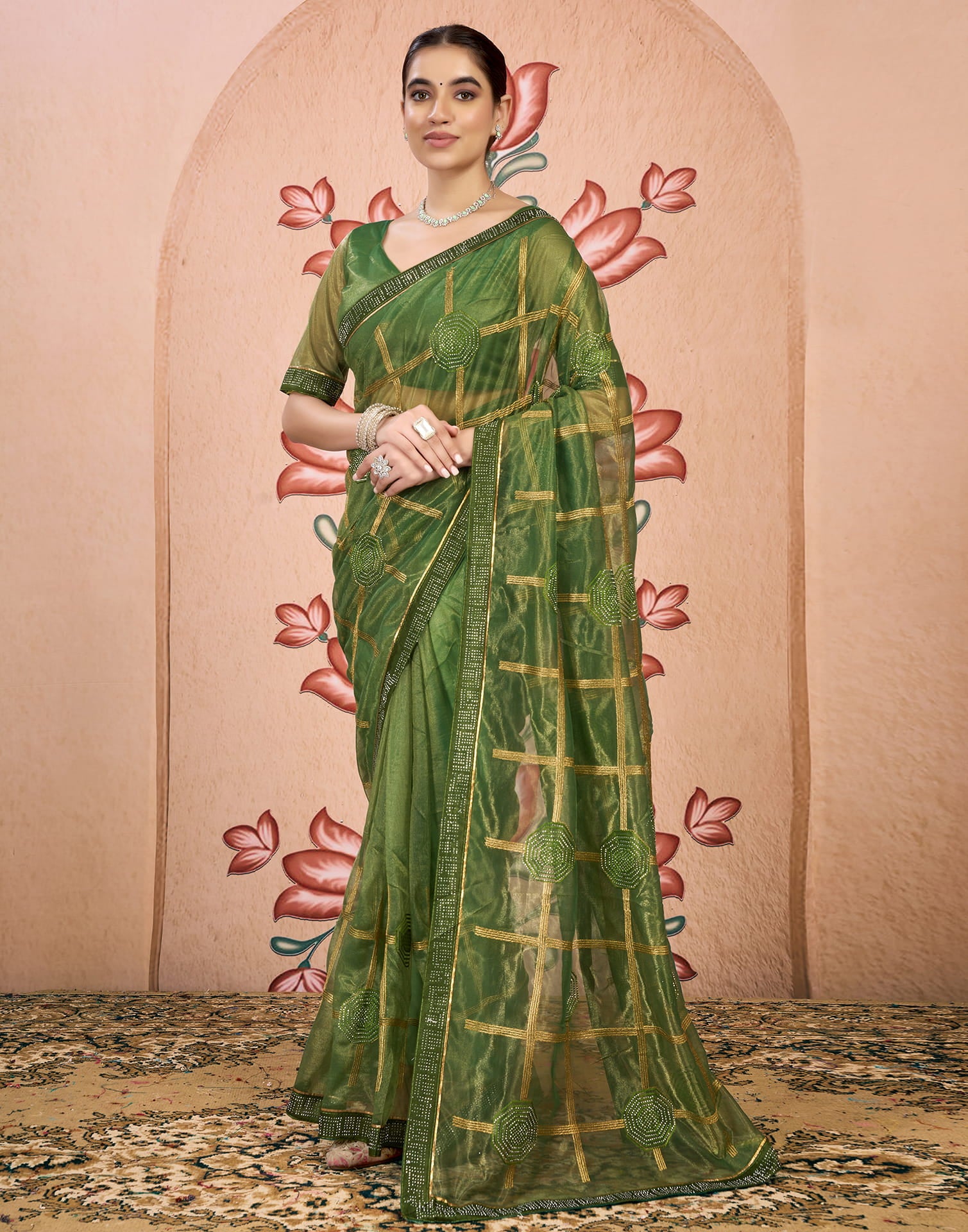 Green Net Embroidery Embellished Saree