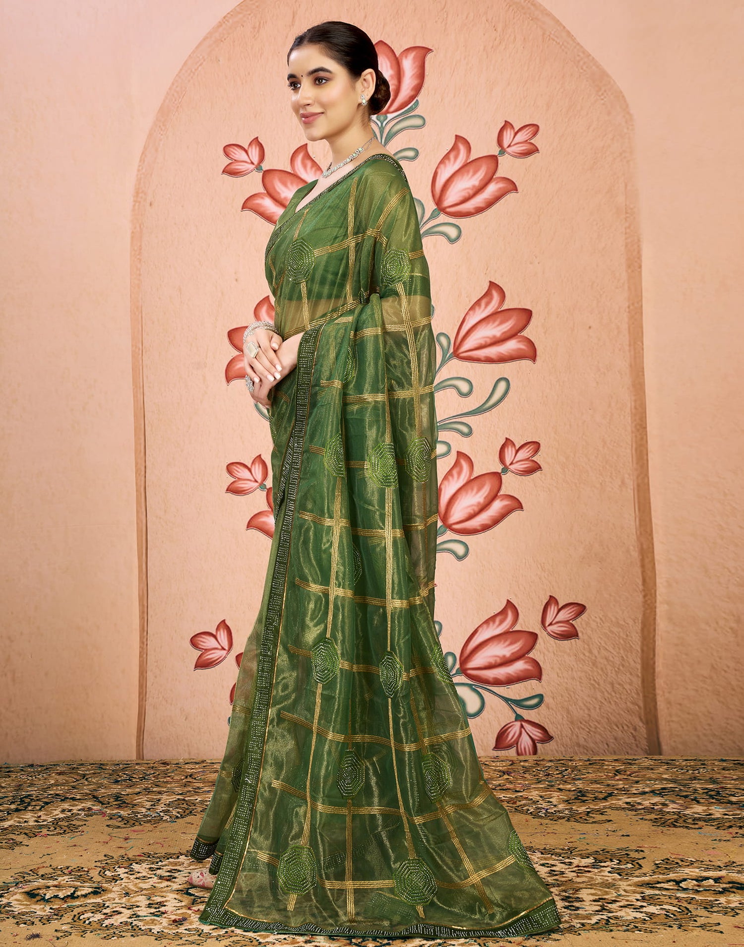 Green Net Embroidery Embellished Saree