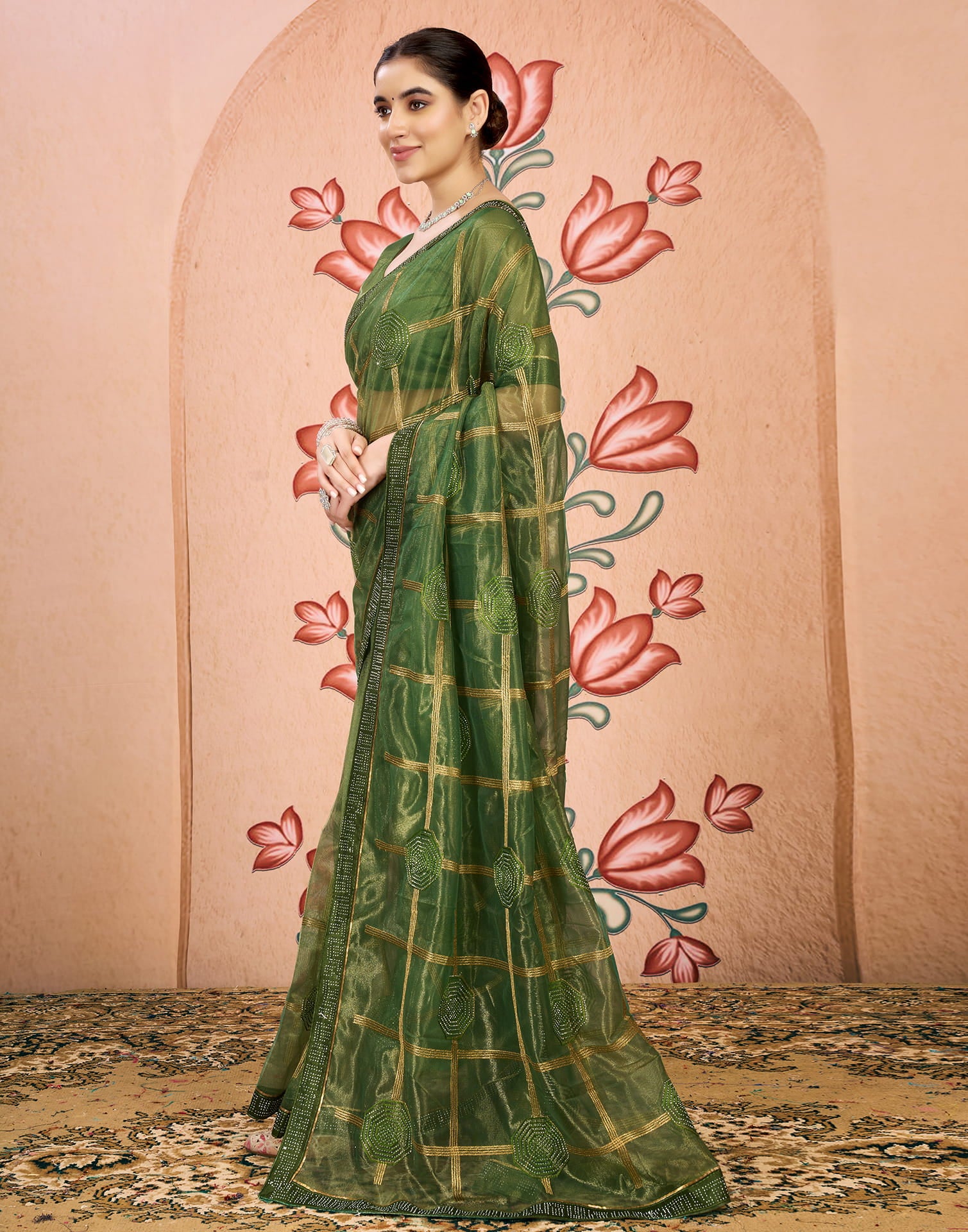 Green Net Embroidery Embellished Saree