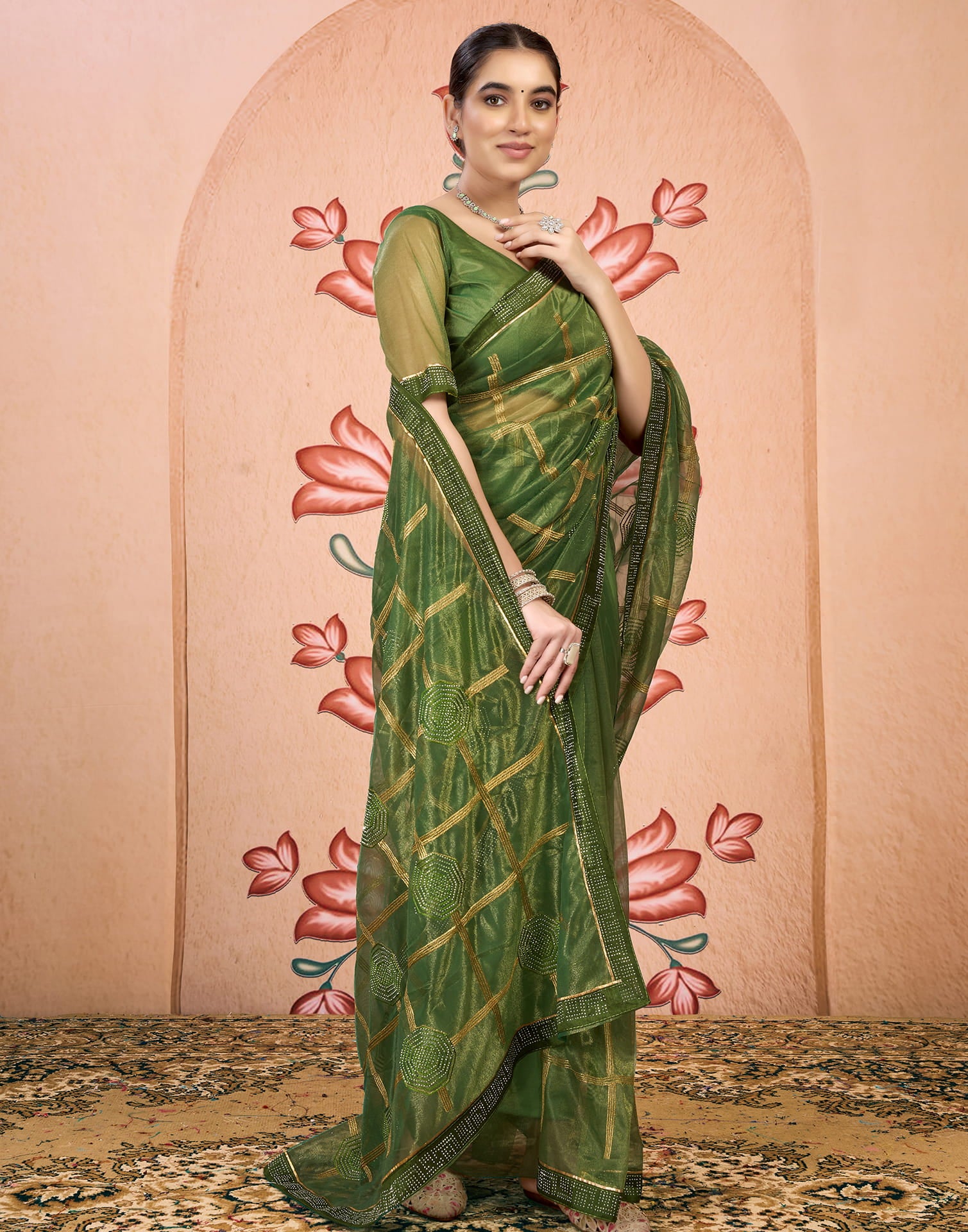 Green Net Embroidery Embellished Saree