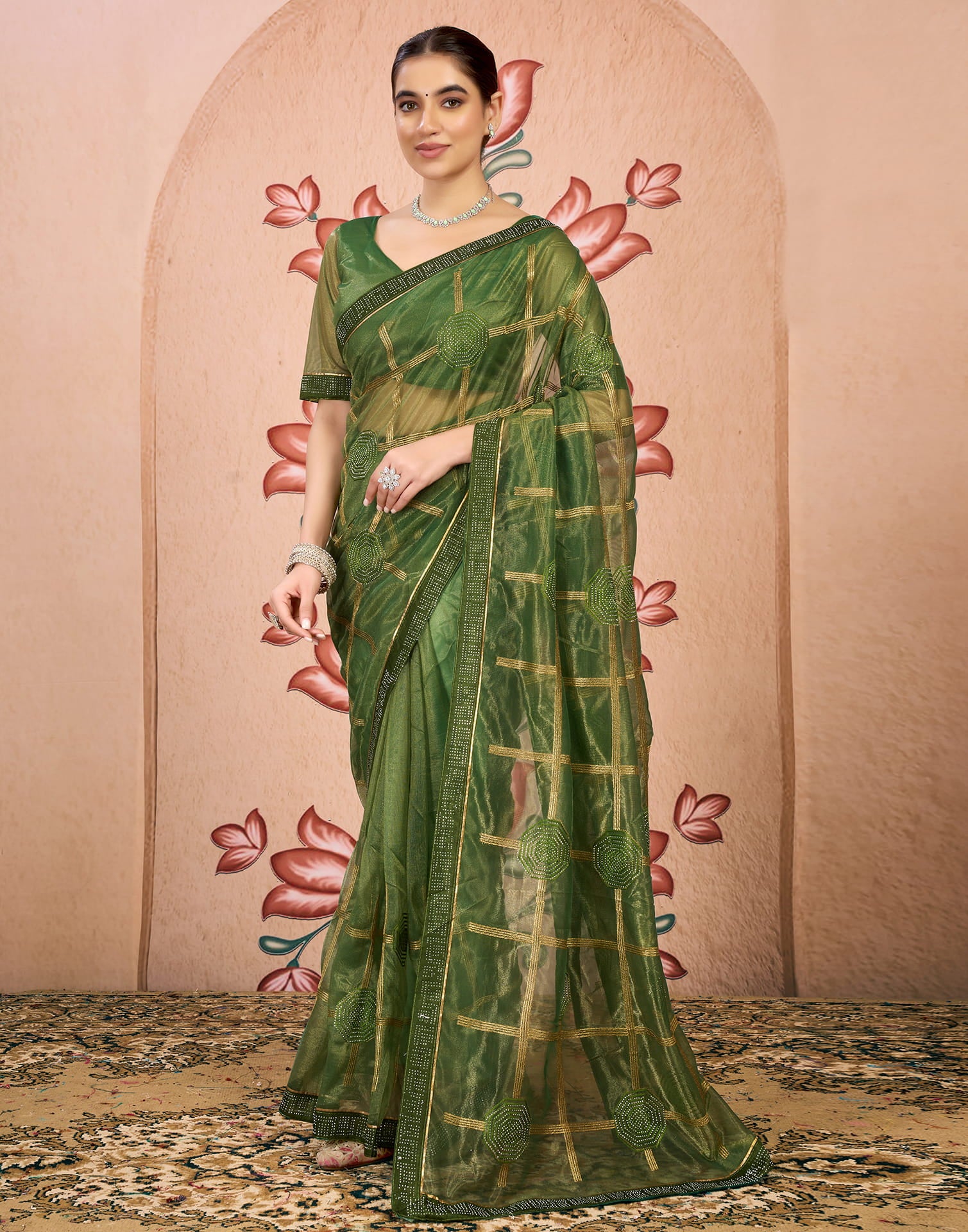 Green Net Embroidery Embellished Saree