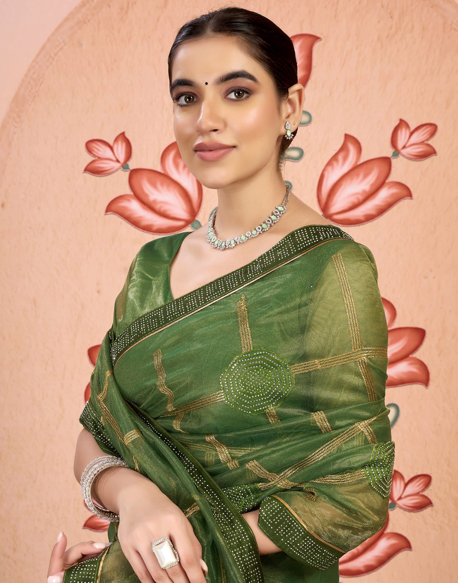 Green Net Embroidery Embellished Saree