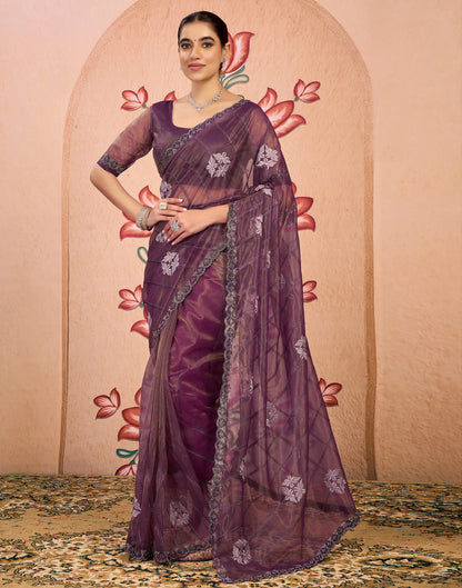 Wine Net Embroidery Embellished Saree