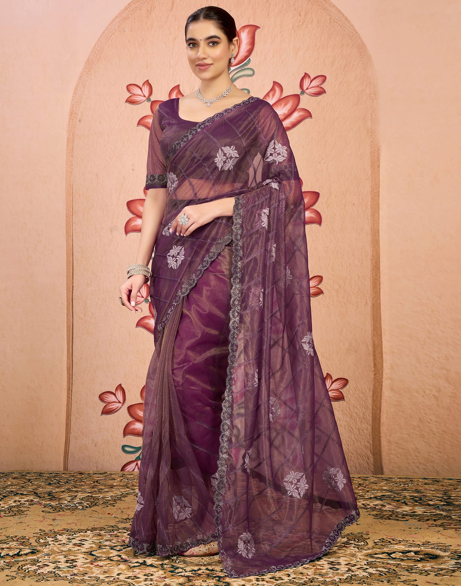 Wine Shimmer Embroidery Embellished Saree