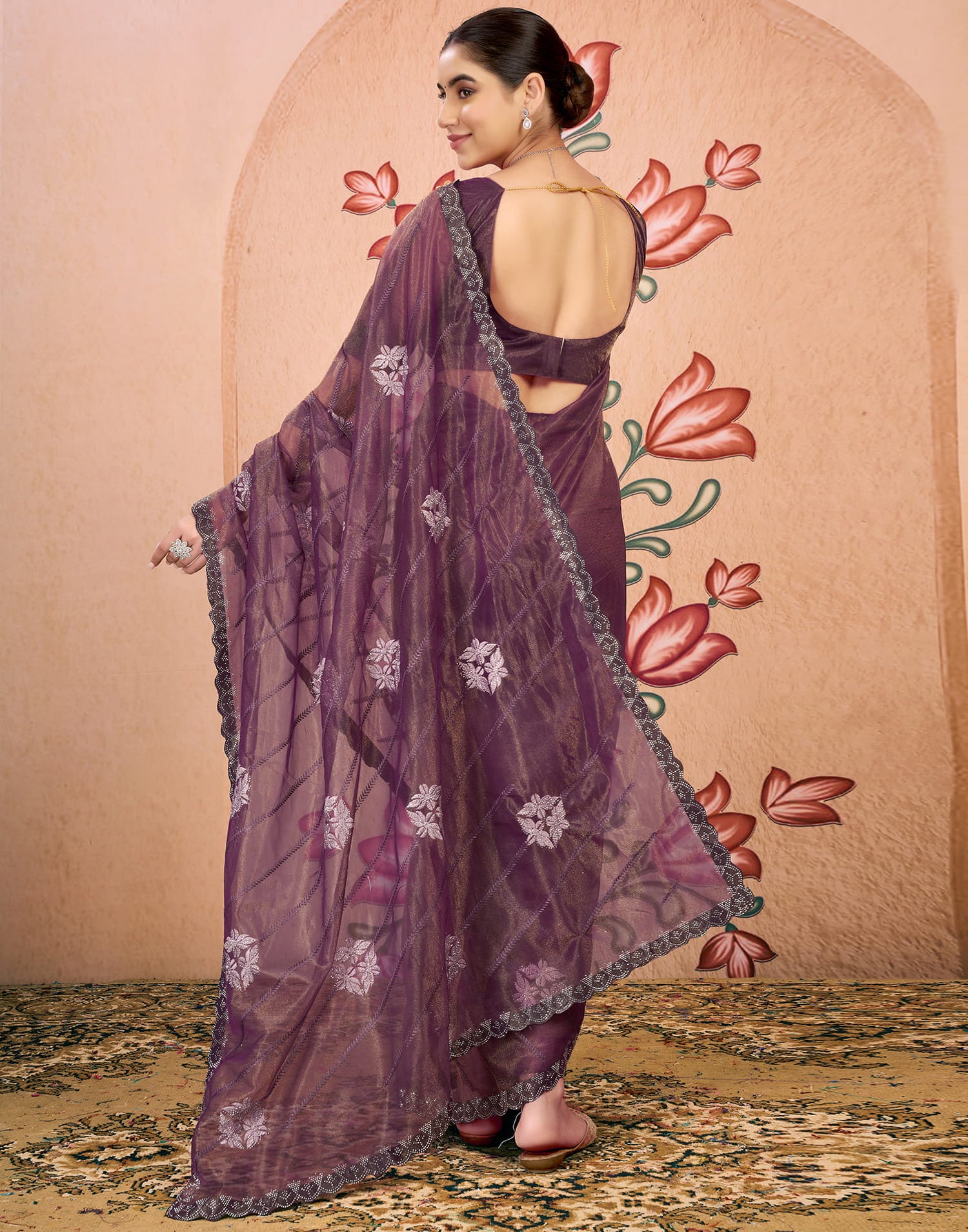 Wine Net Embroidery Embellished Saree