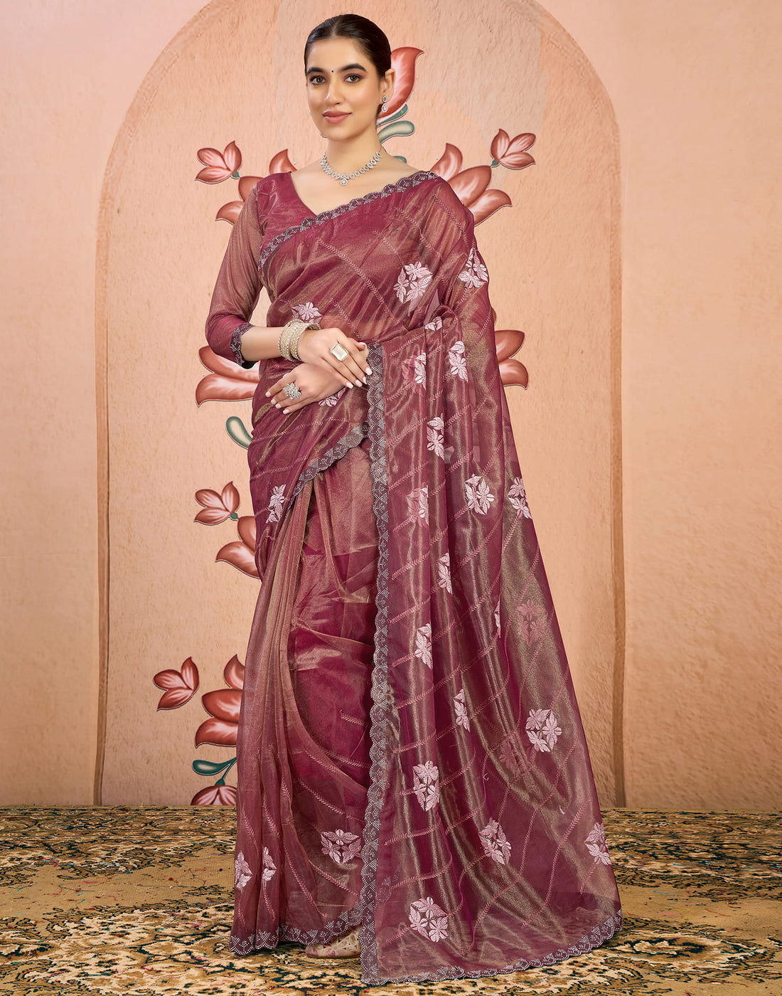 Maroon Net Embroidery Embellished Saree