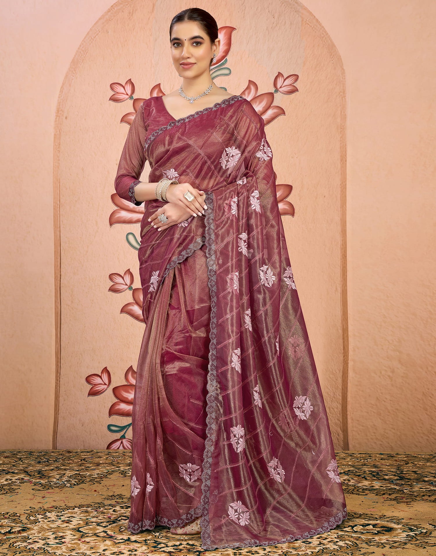 Brown Shimmer Embroidery Embellished Saree