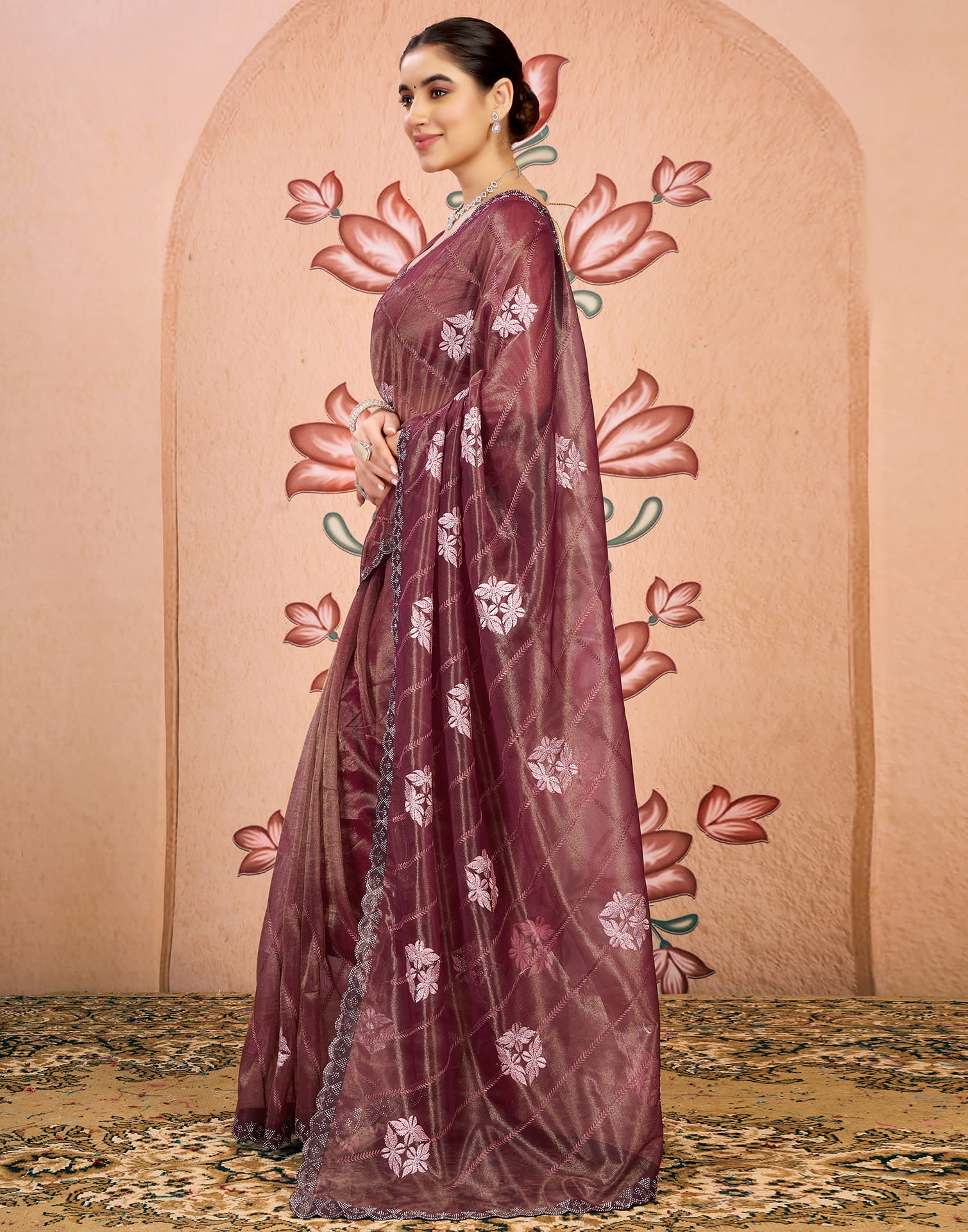 Maroon Net Embroidery Embellished Saree