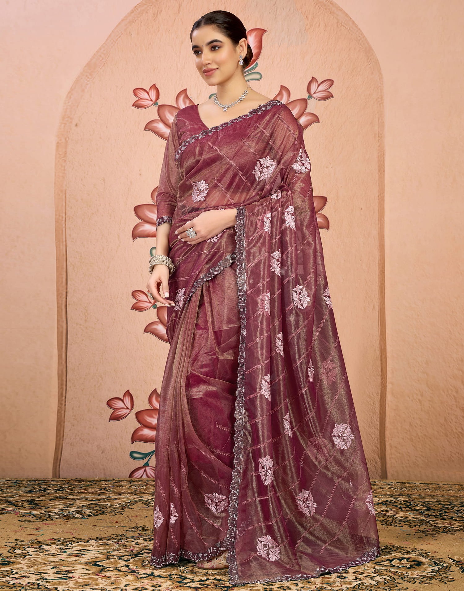 Brown Shimmer Embroidery Embellished Saree