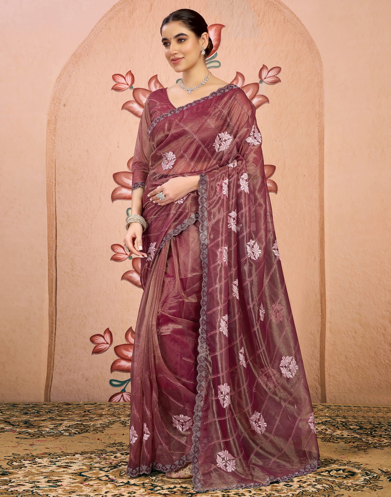 Maroon Net Embroidery Embellished Saree