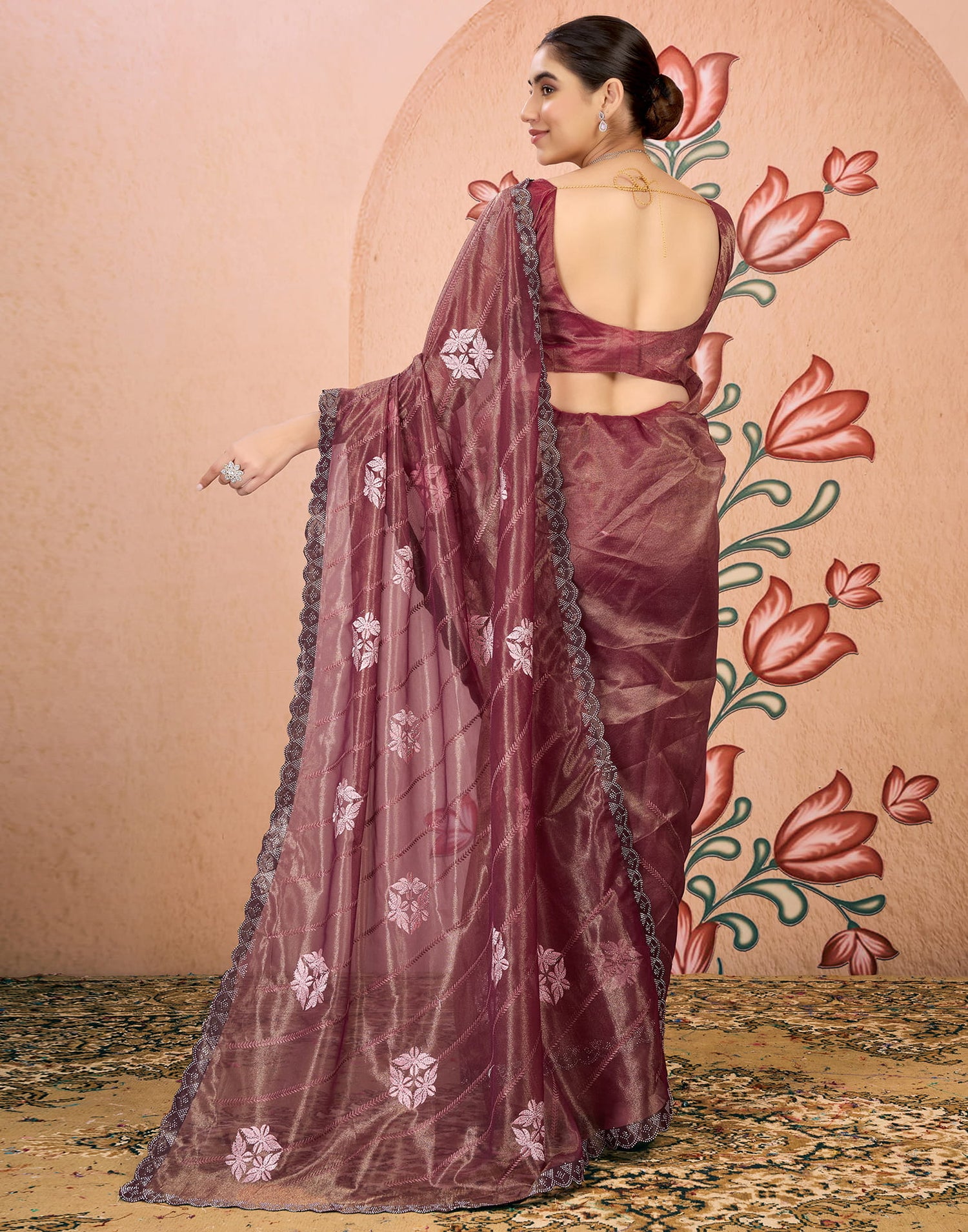 Brown Shimmer Embroidery Embellished Saree