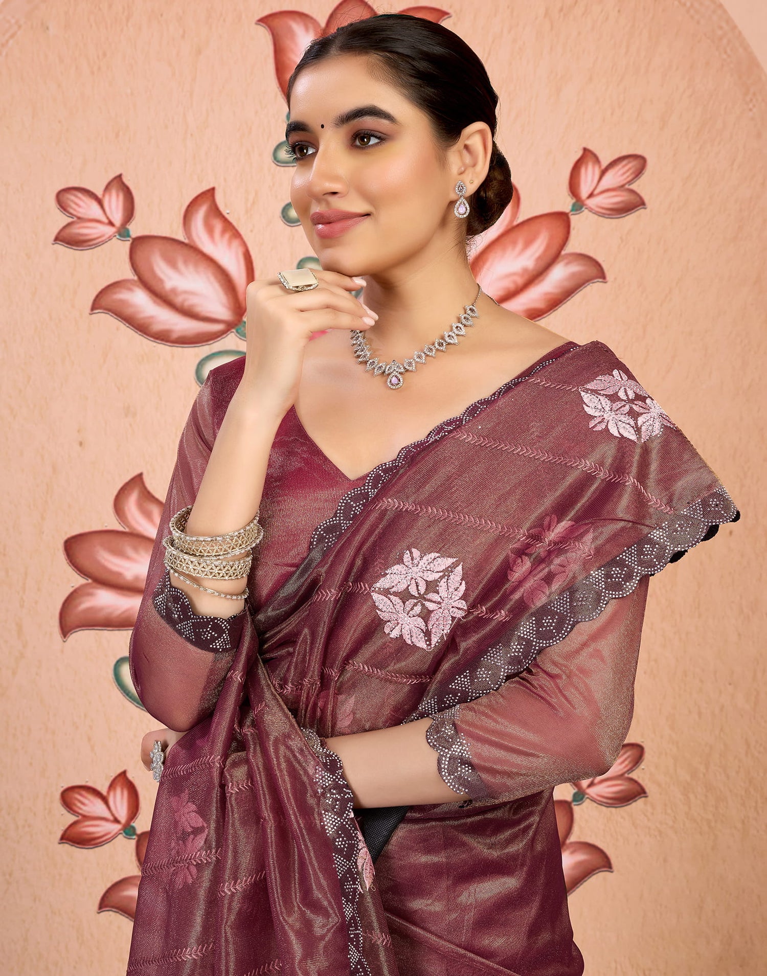 Brown Shimmer Embroidery Embellished Saree