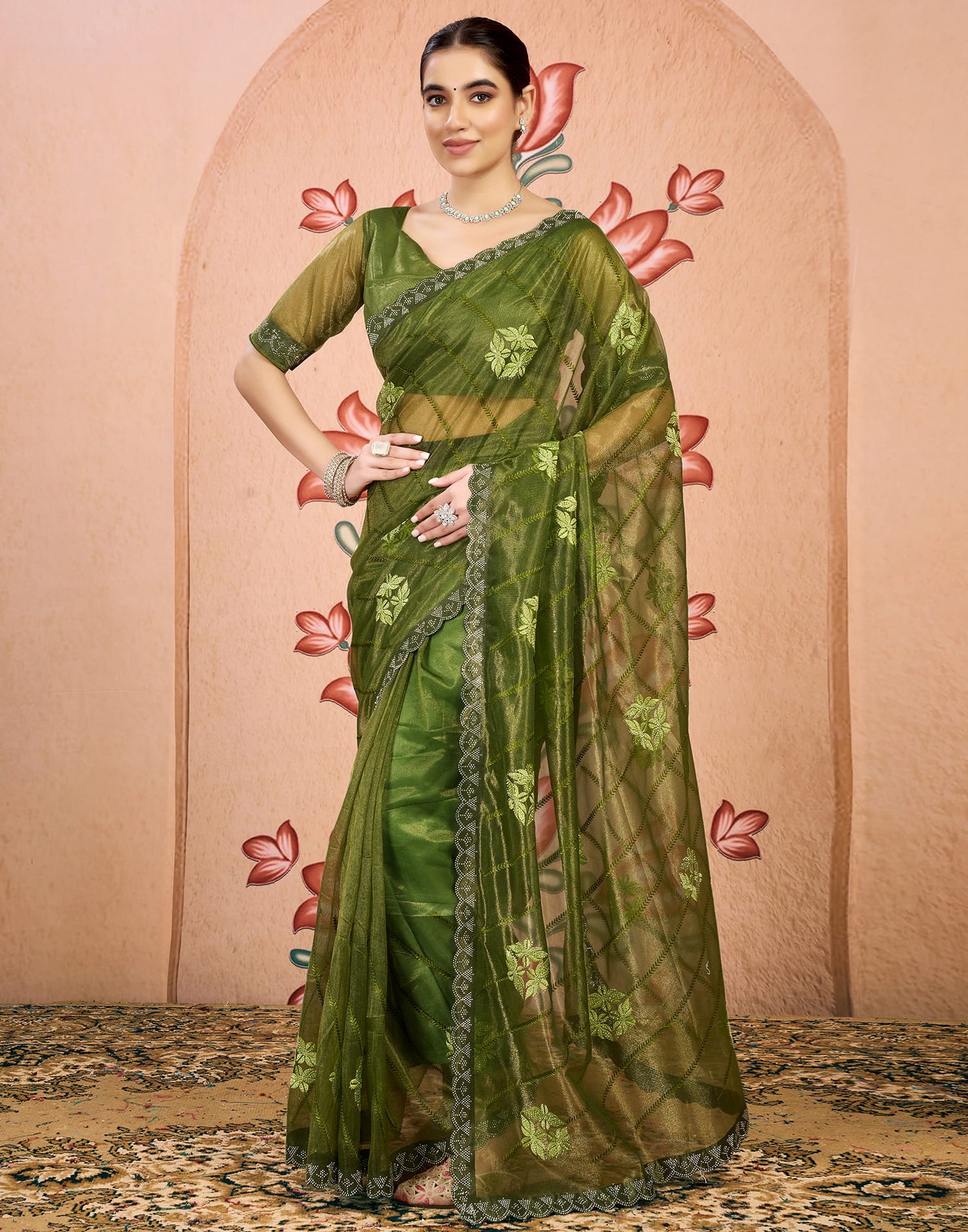 Green Shimmer Embroidery Embellished Saree