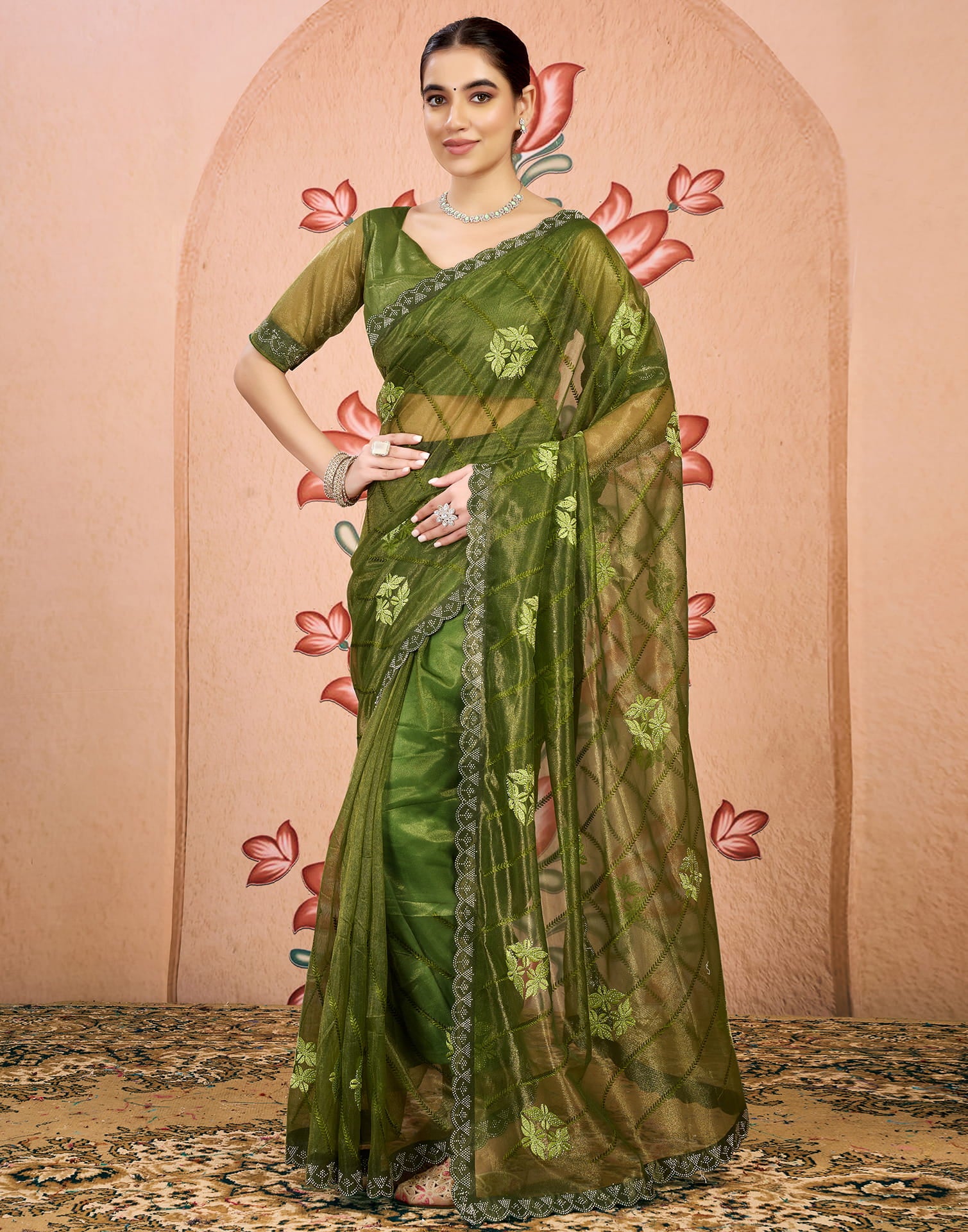 Green Net Embroidery Embellished Saree