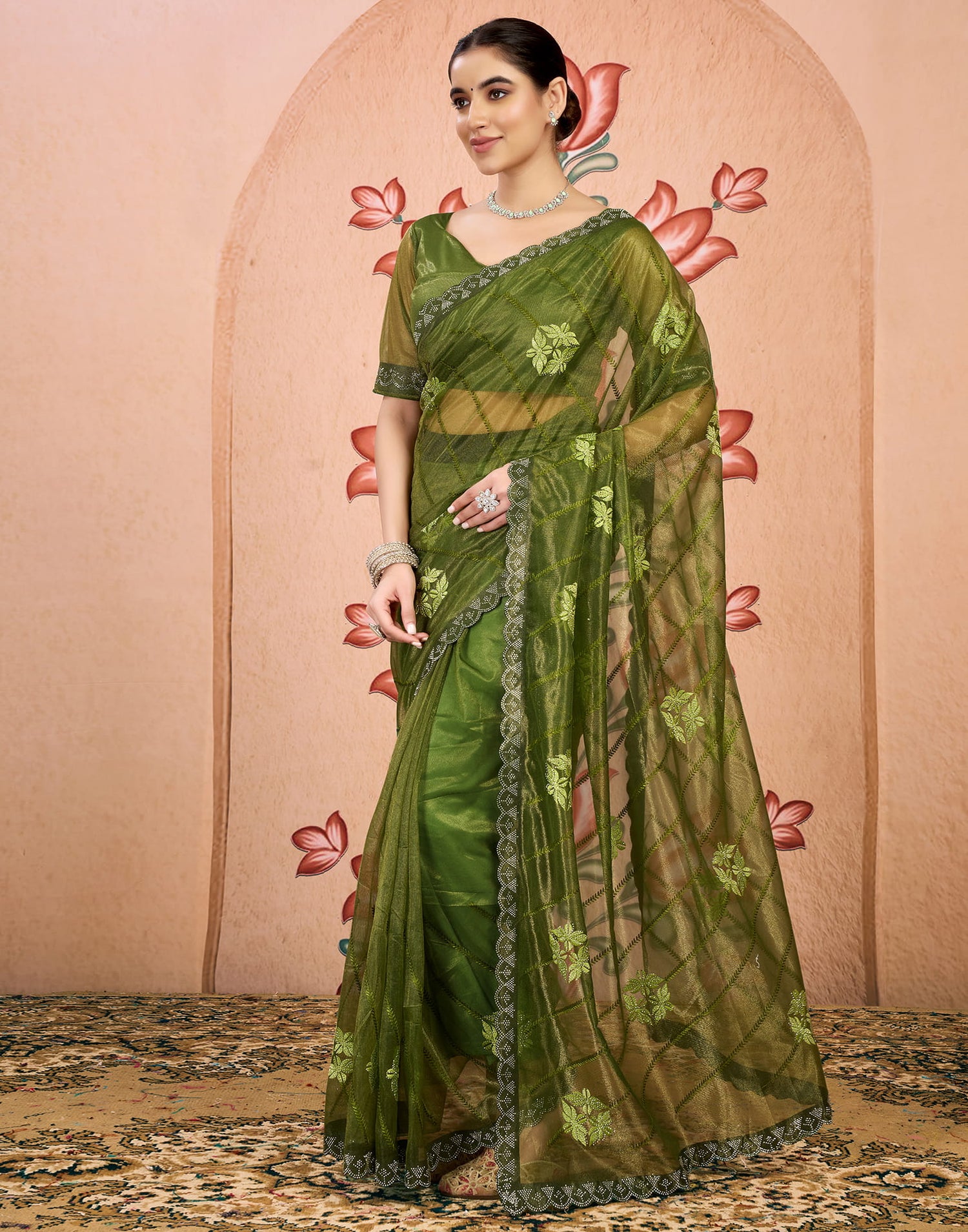 Green Net Embroidery Embellished Saree