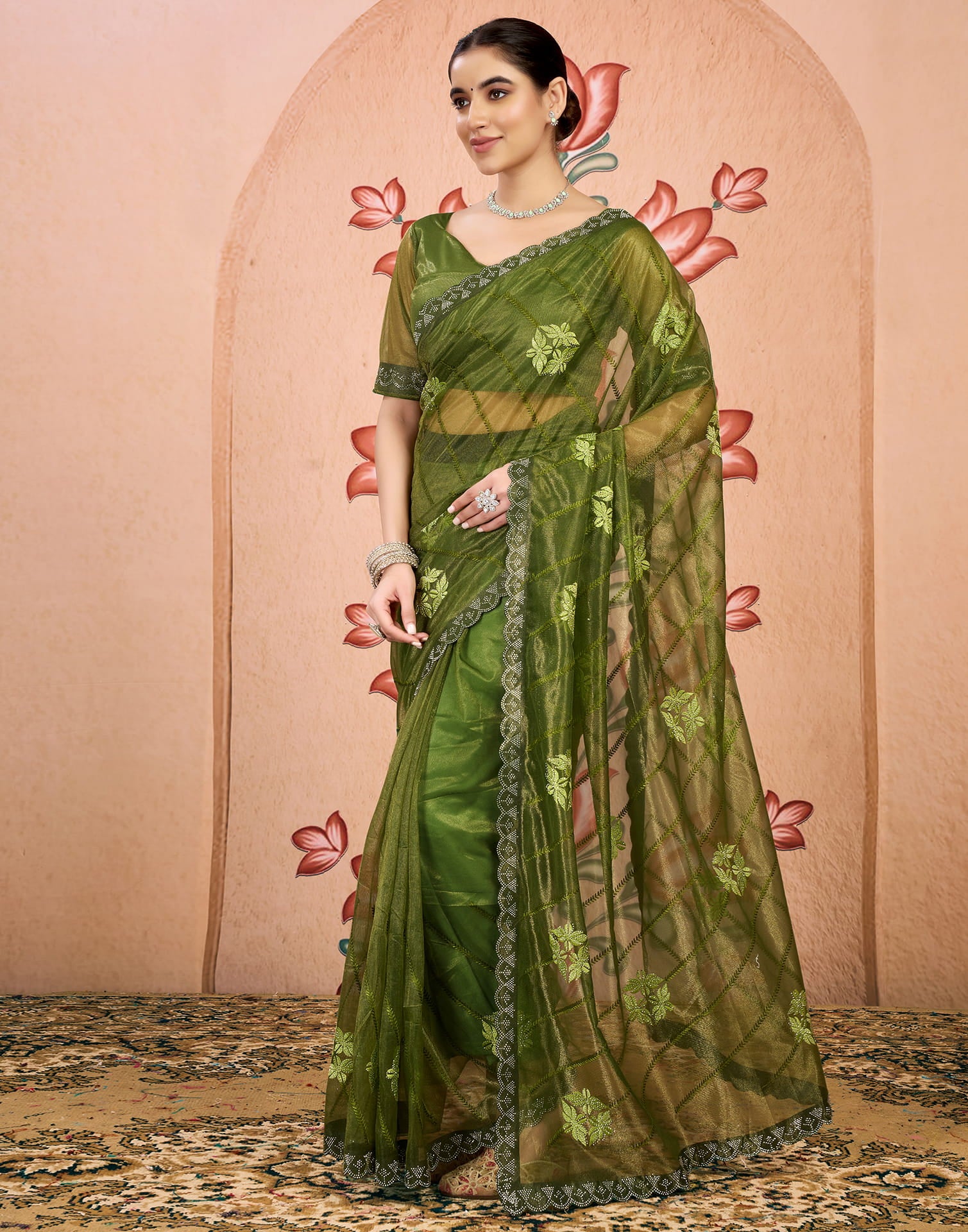 Green Net Embroidery Embellished Saree