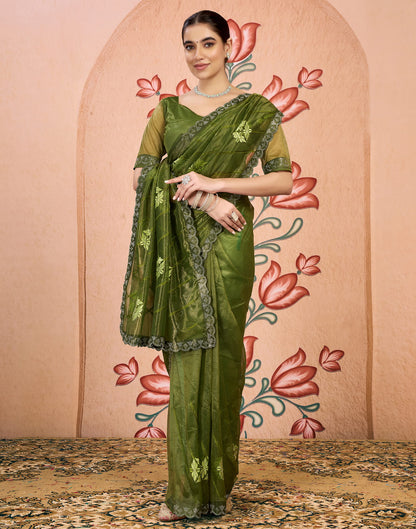 Green Net Embroidery Embellished Saree