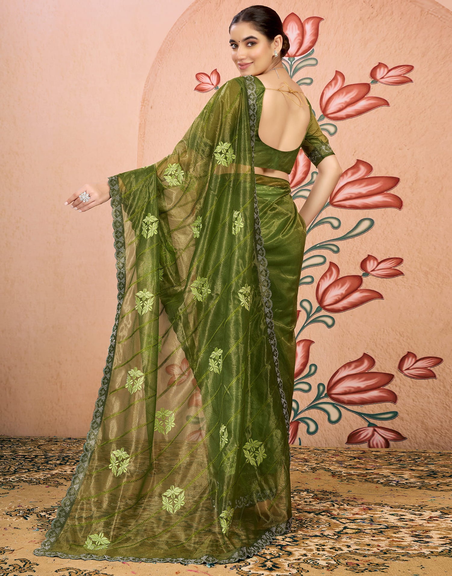 Green Net Embroidery Embellished Saree