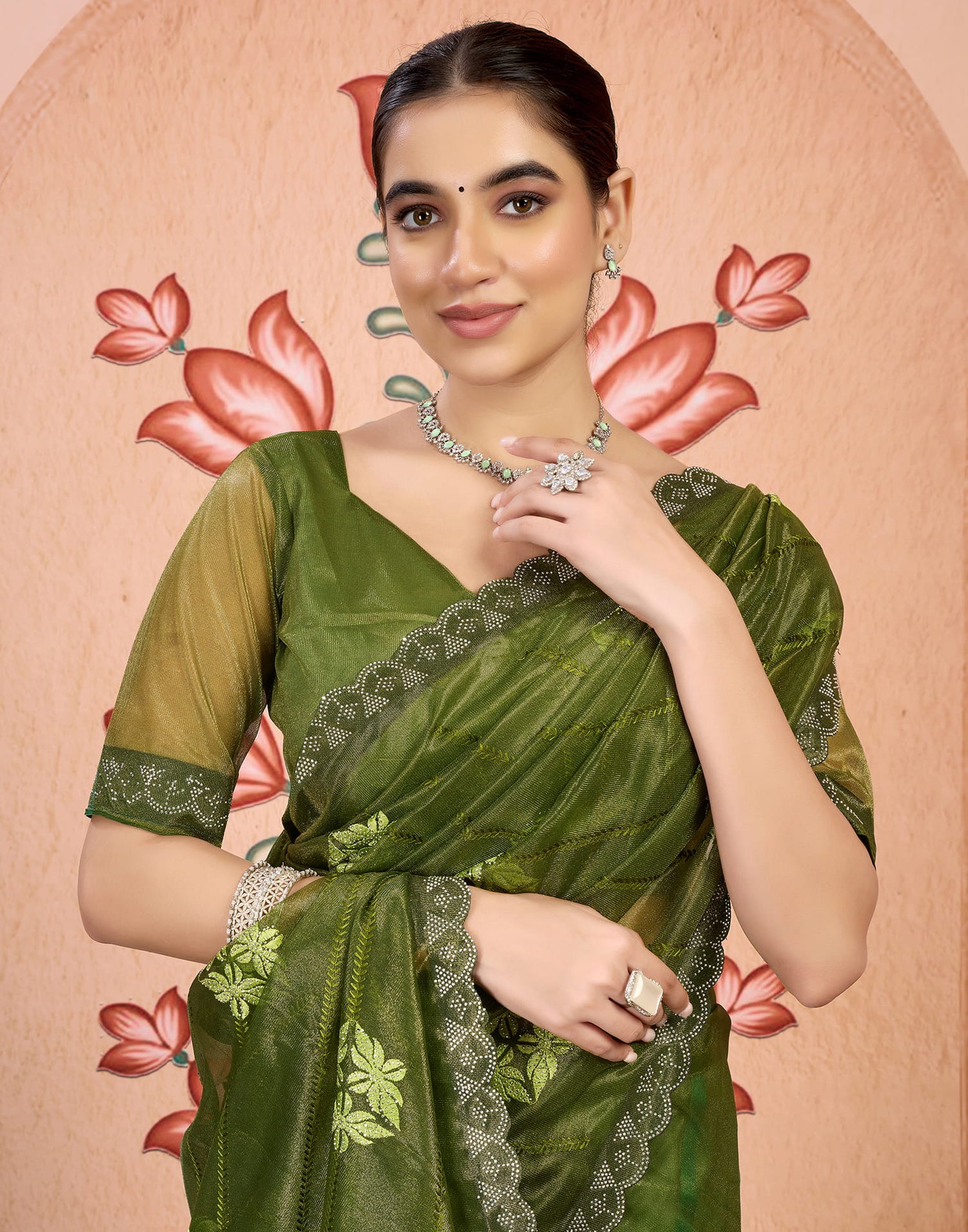 Green Net Embroidery Embellished Saree