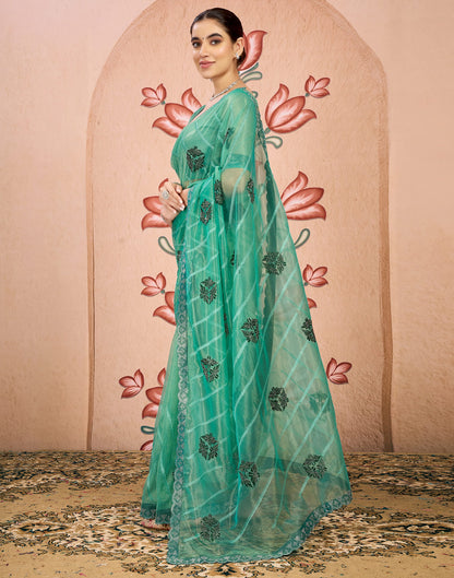 Sea Green Net Embroidery Embellished Saree