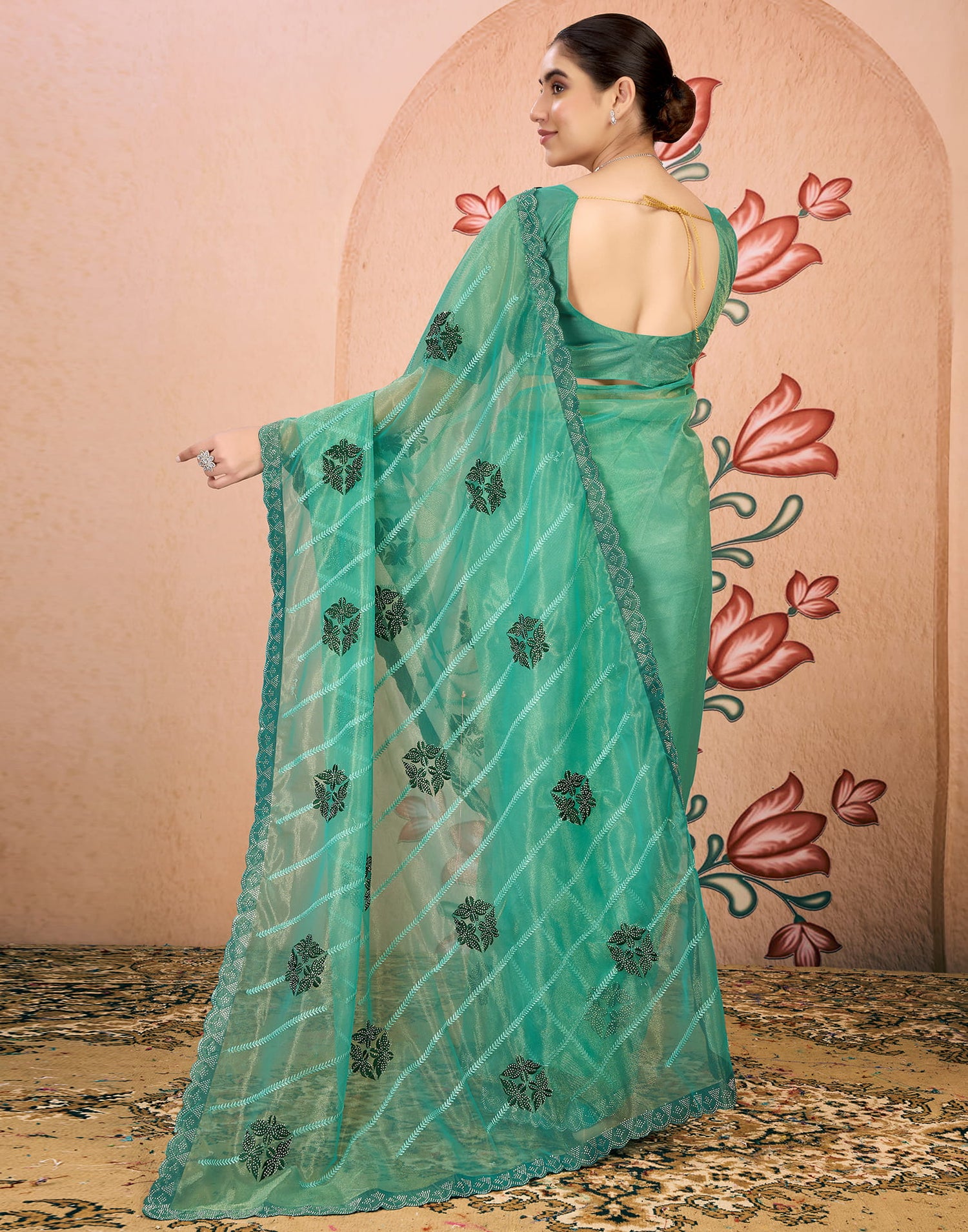 Sea Green Net Embroidery Embellished Saree