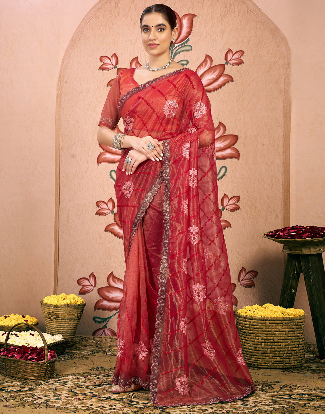 Red Net Embroidery Embellished Saree