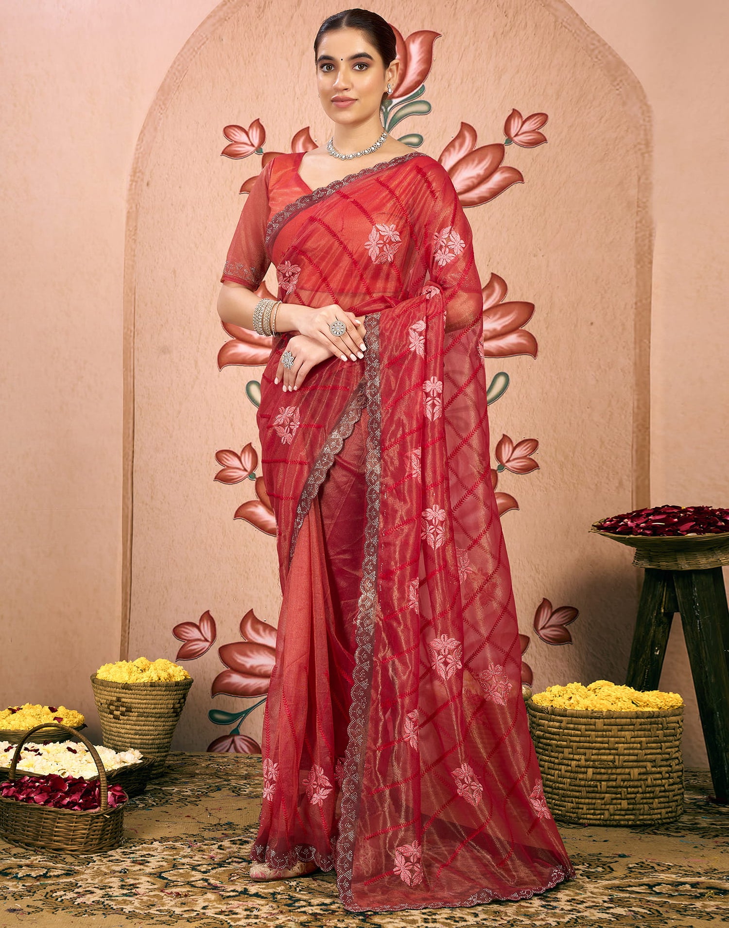 Red Net Embroidery Embellished Saree