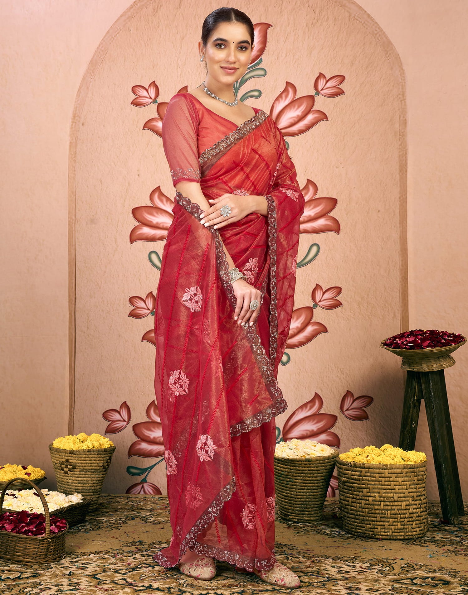 Red Shimmer Embroidery Embellished Saree