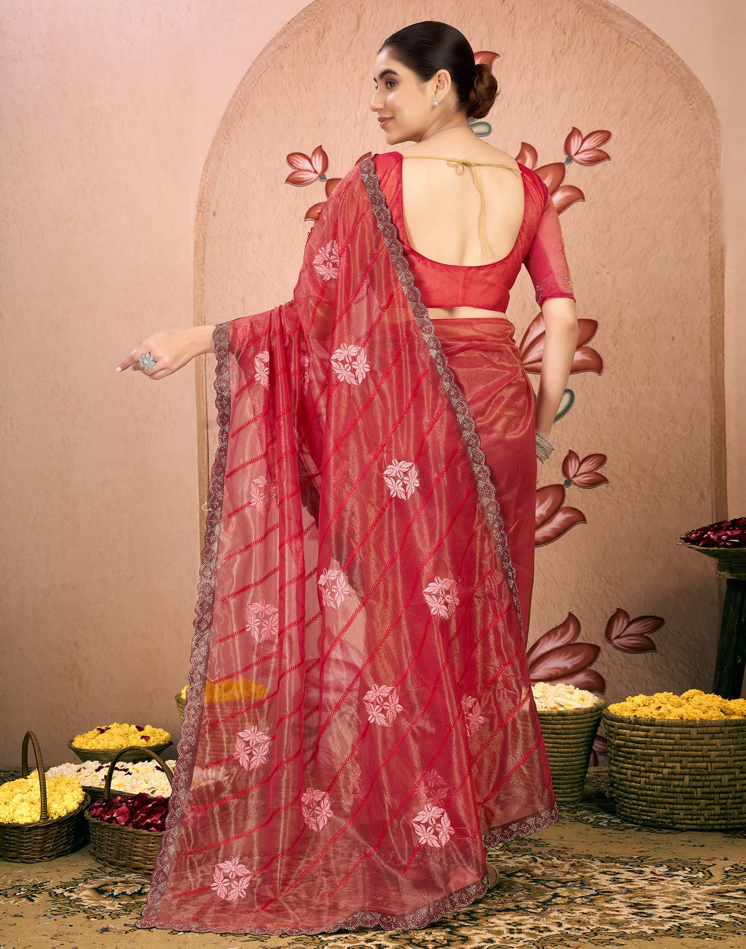 Red Net Embroidery Embellished Saree