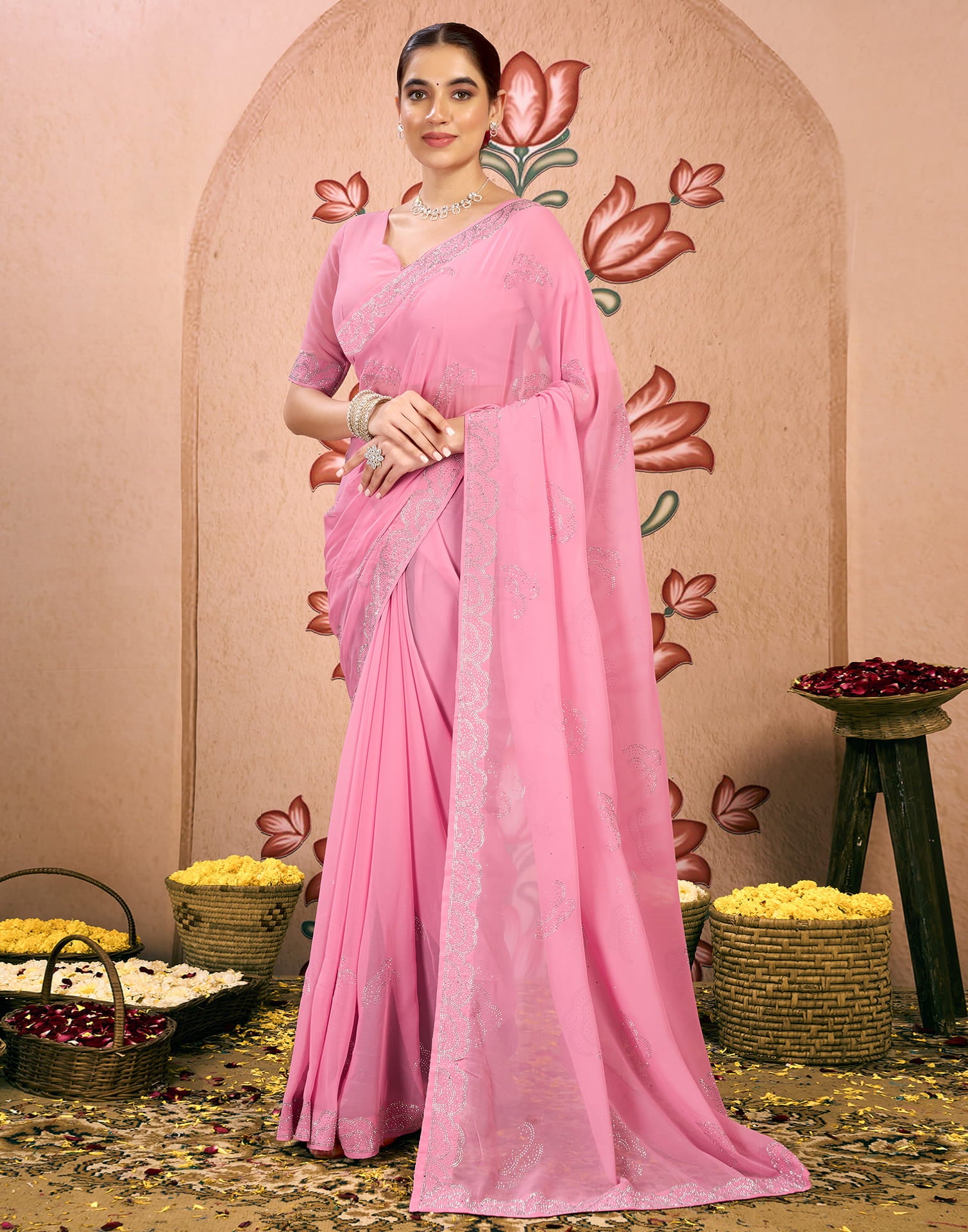 Light Pink Georgette Swarovski Embellished Saree