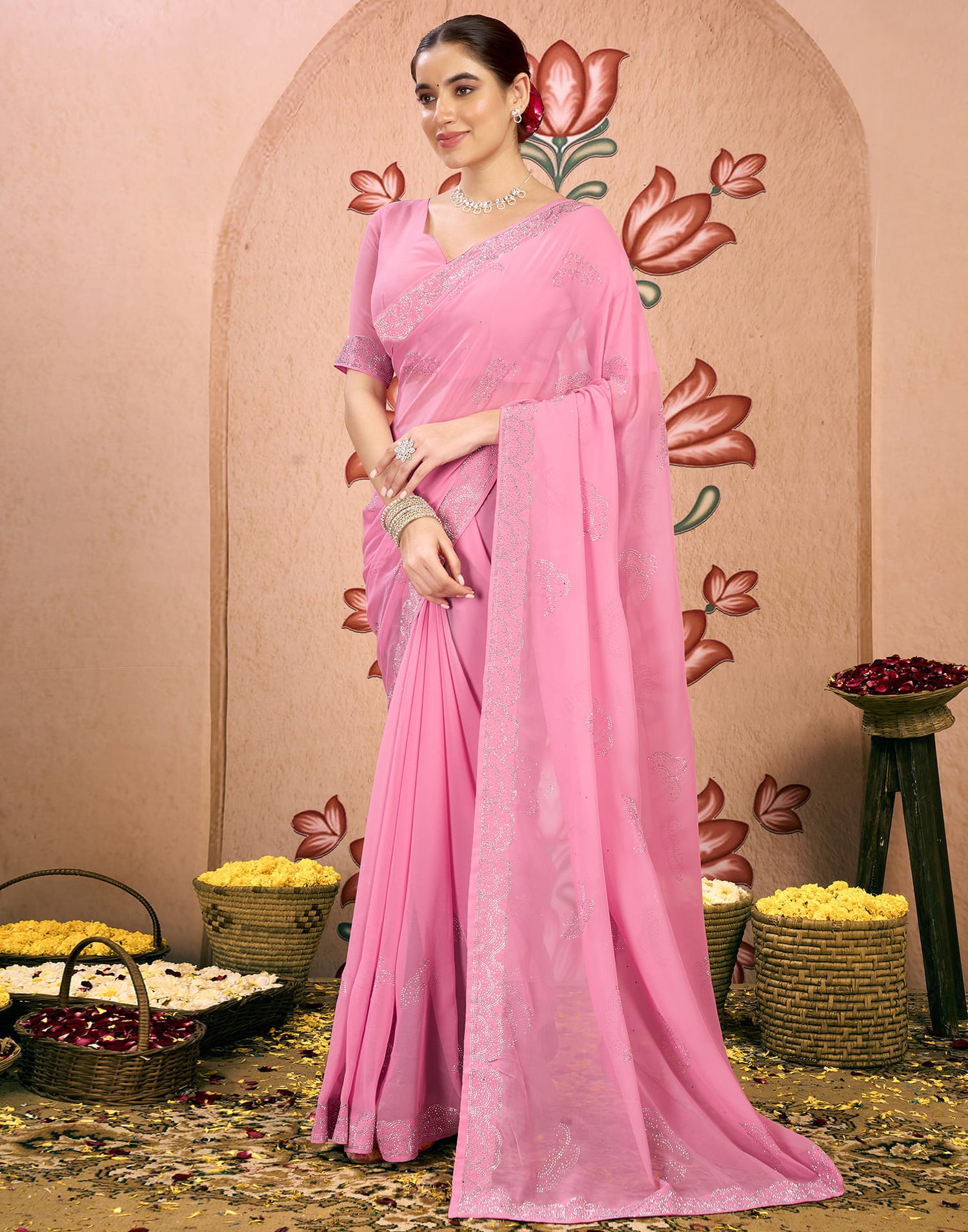 Light Pink Georgette Swarovski Embellished Saree