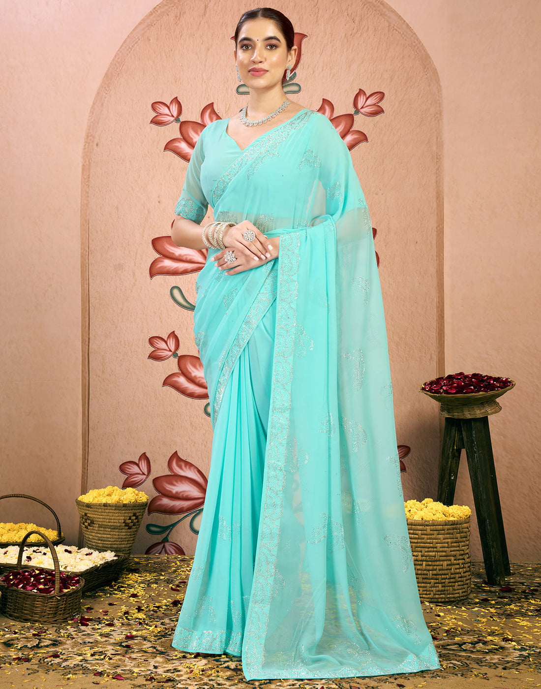 Light Turquoise Georgette Swarovski Embellished Saree