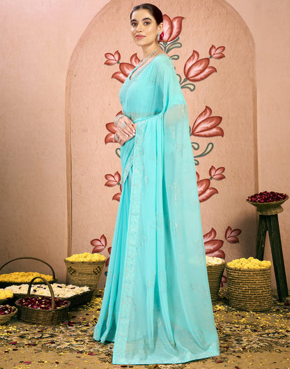 Light Turquoise Georgette Swarovski Embellished Saree