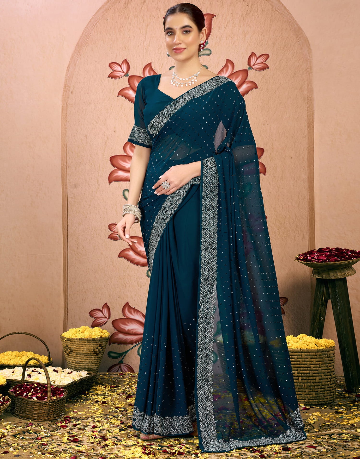 Rama Blue Georgette Swarovski Embellished Saree