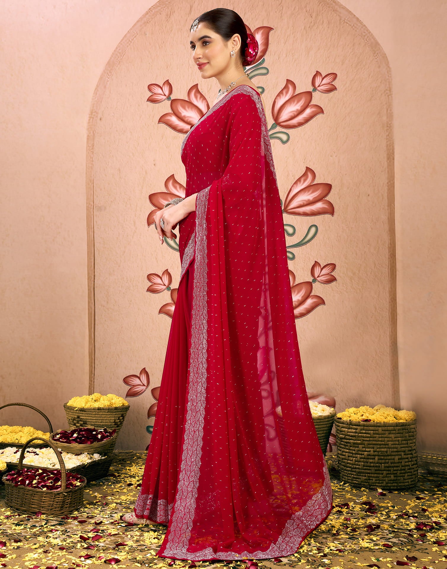 Red Georgette Swarovski Embellished Saree