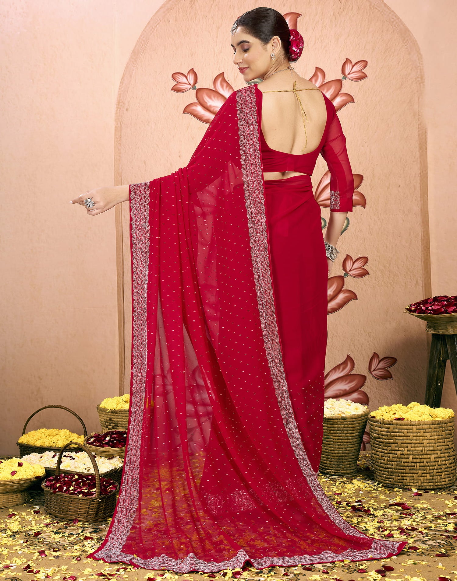 Red Georgette Swarovski Embellished Saree