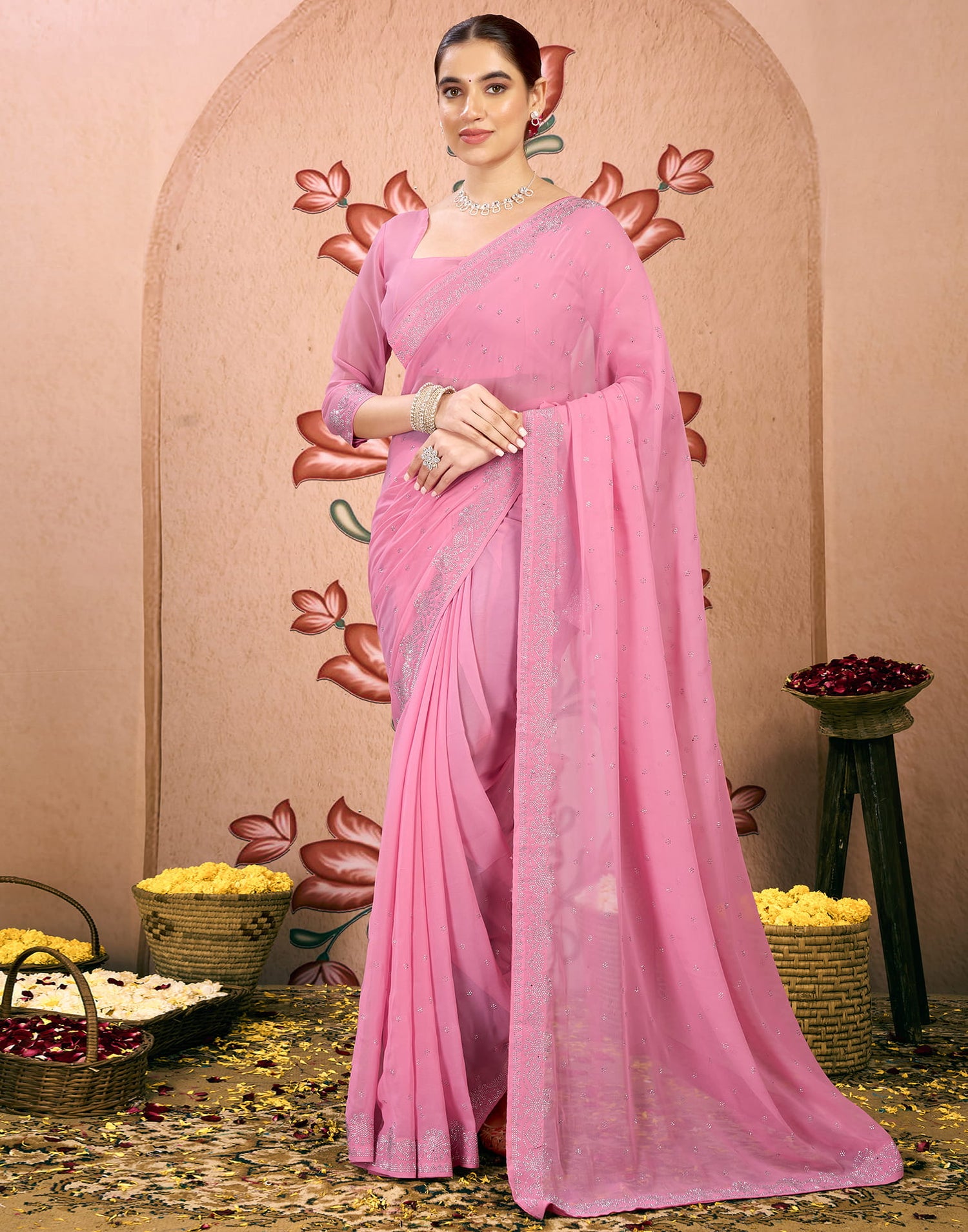 Light Pink Georgette Swarovski Embellished Saree