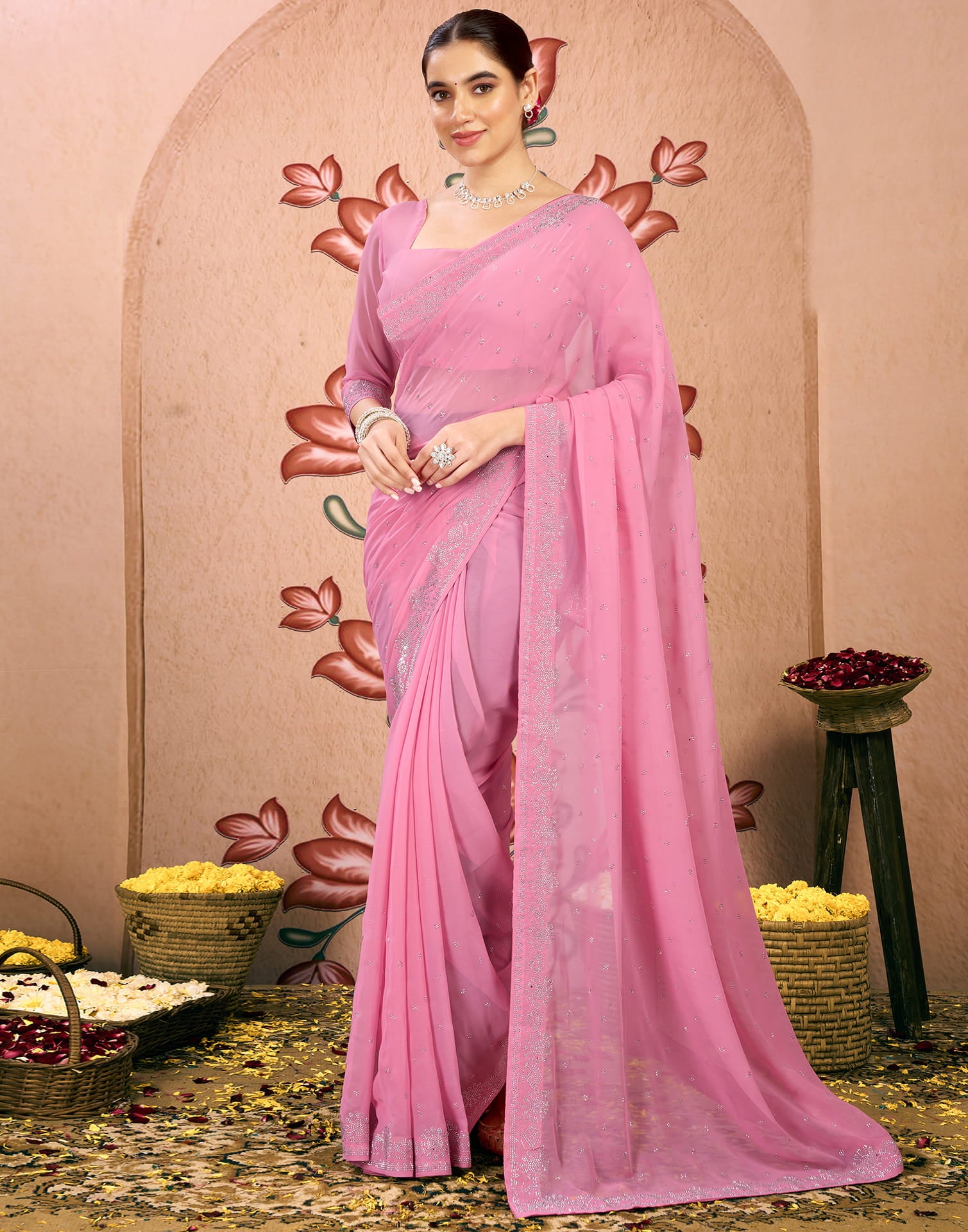 Light Pink Georgette Swarovski Embellished Saree